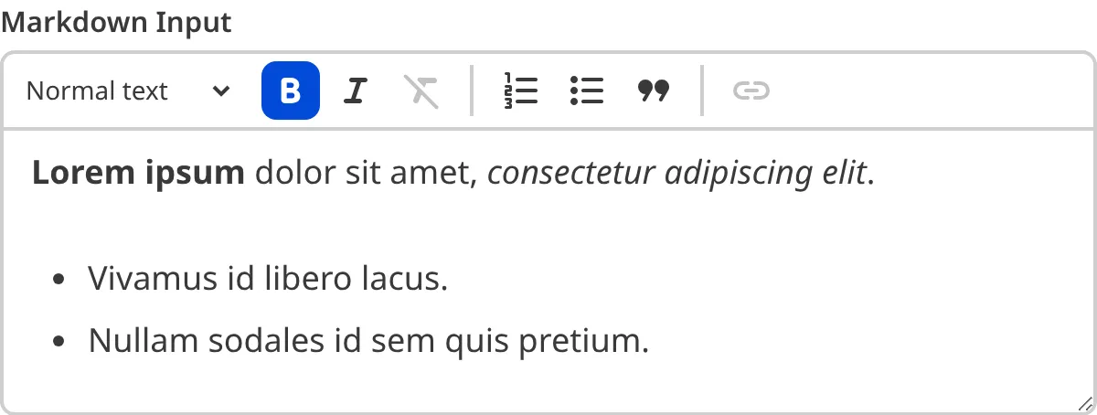 A screenshot of the Markdown input in the Data Editor shows a text field and a WYSIWYG toolbar.
