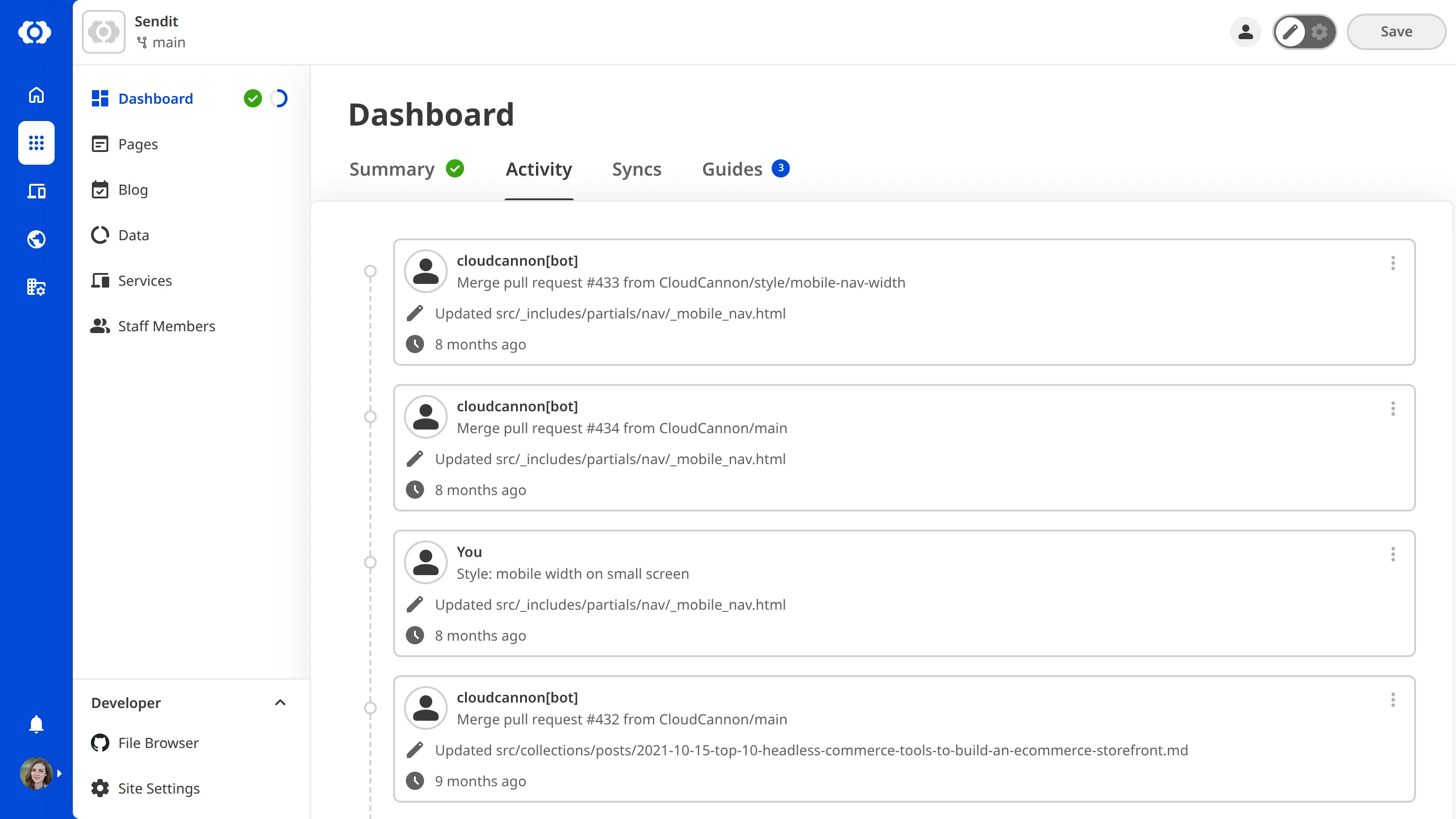 A screenshot of the Activity tab on the Site Dashboard shows two activity item.