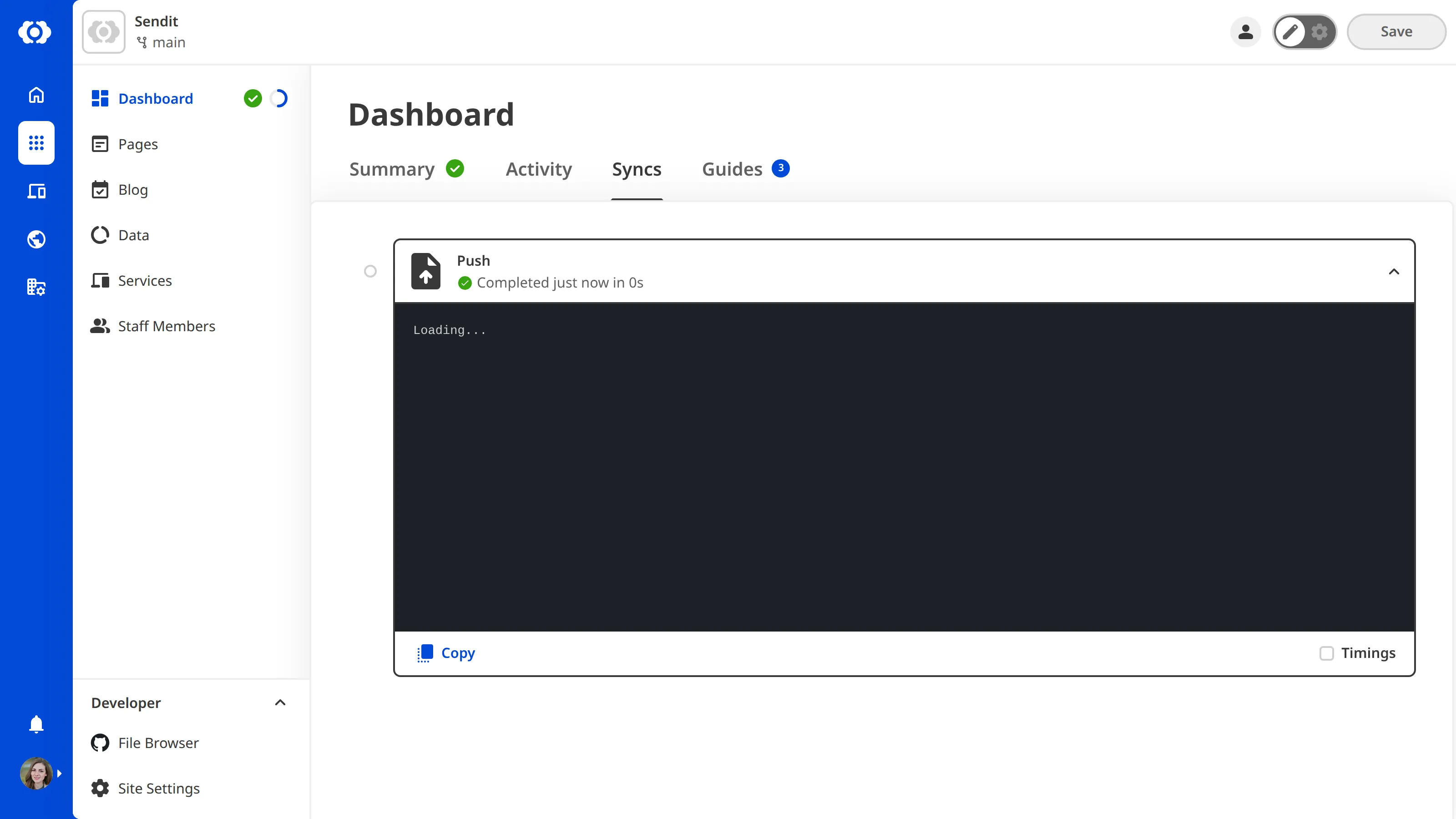A screenshot of the Syncs tab on the Site Dashboard shows one Sync log.