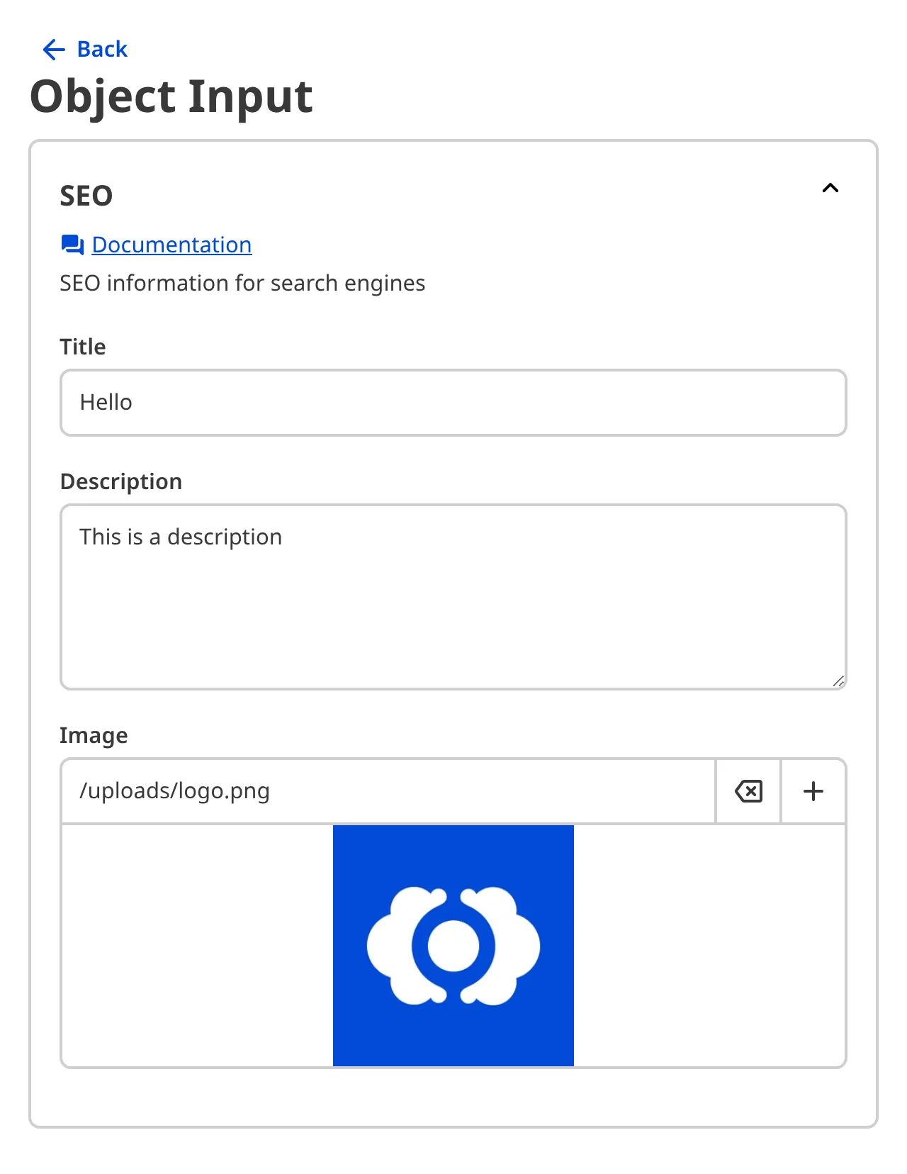 A screenshot of the nested content within an Object Input in the Data Editor shows groups, heading, documentation links, and comments.