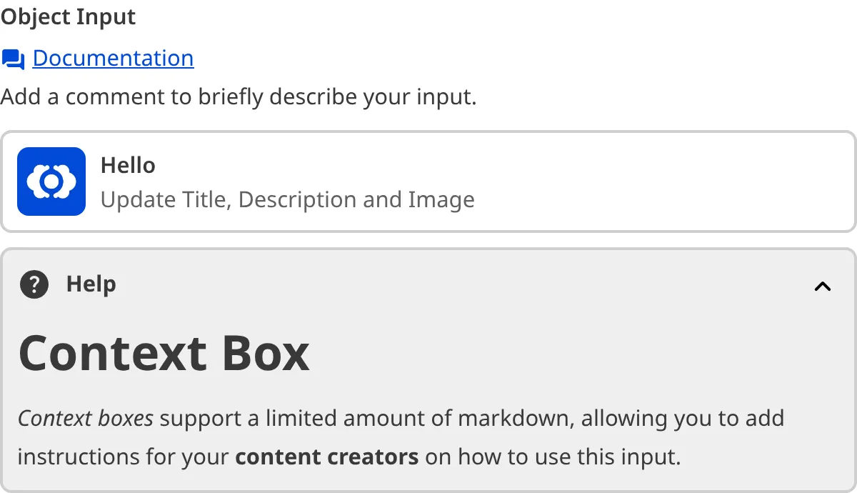 A screenshot of the Object Input in the Data Editor with a Context Box underneath the card.