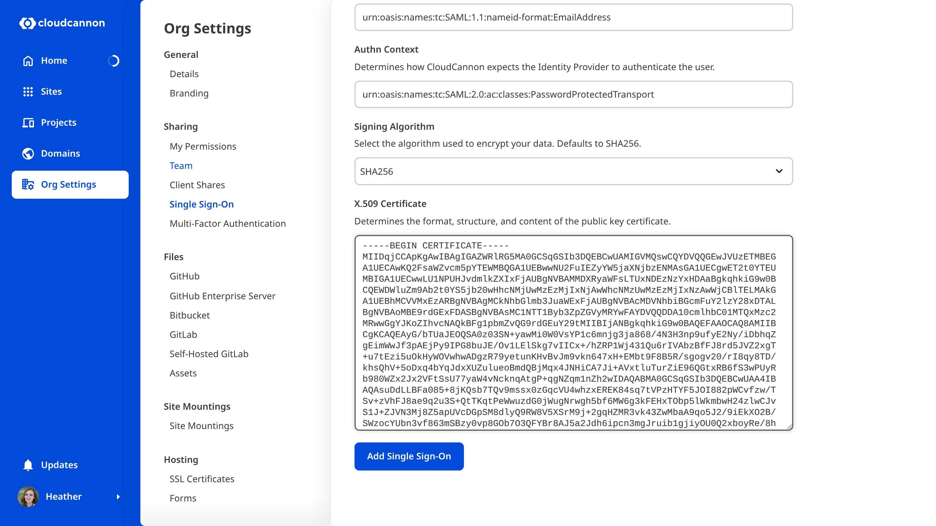 A screenshot of the CloudCannon Single Sign-On page under Org Settings.