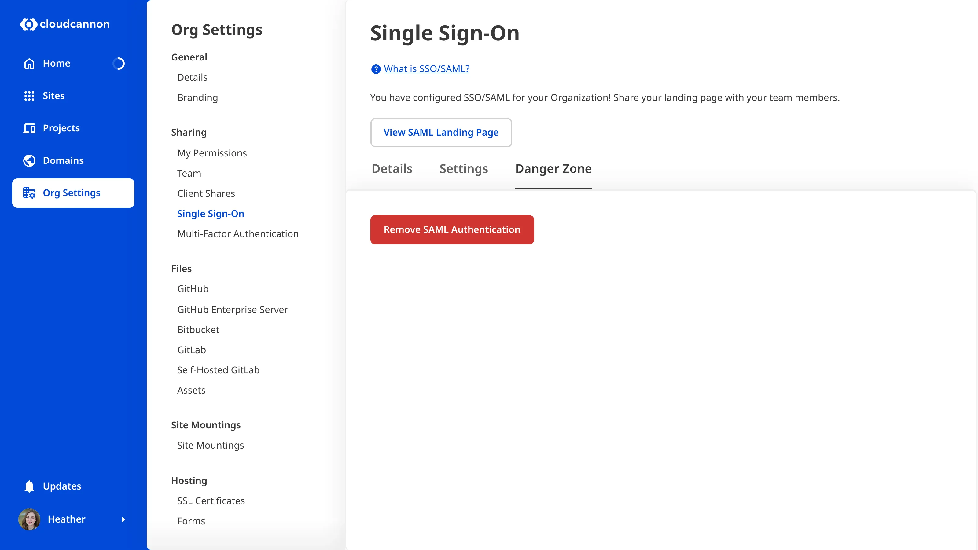 A screenshot of the Danger Zone Tab on the Single Sign-On page shows the Remove SAML Authentication button.
