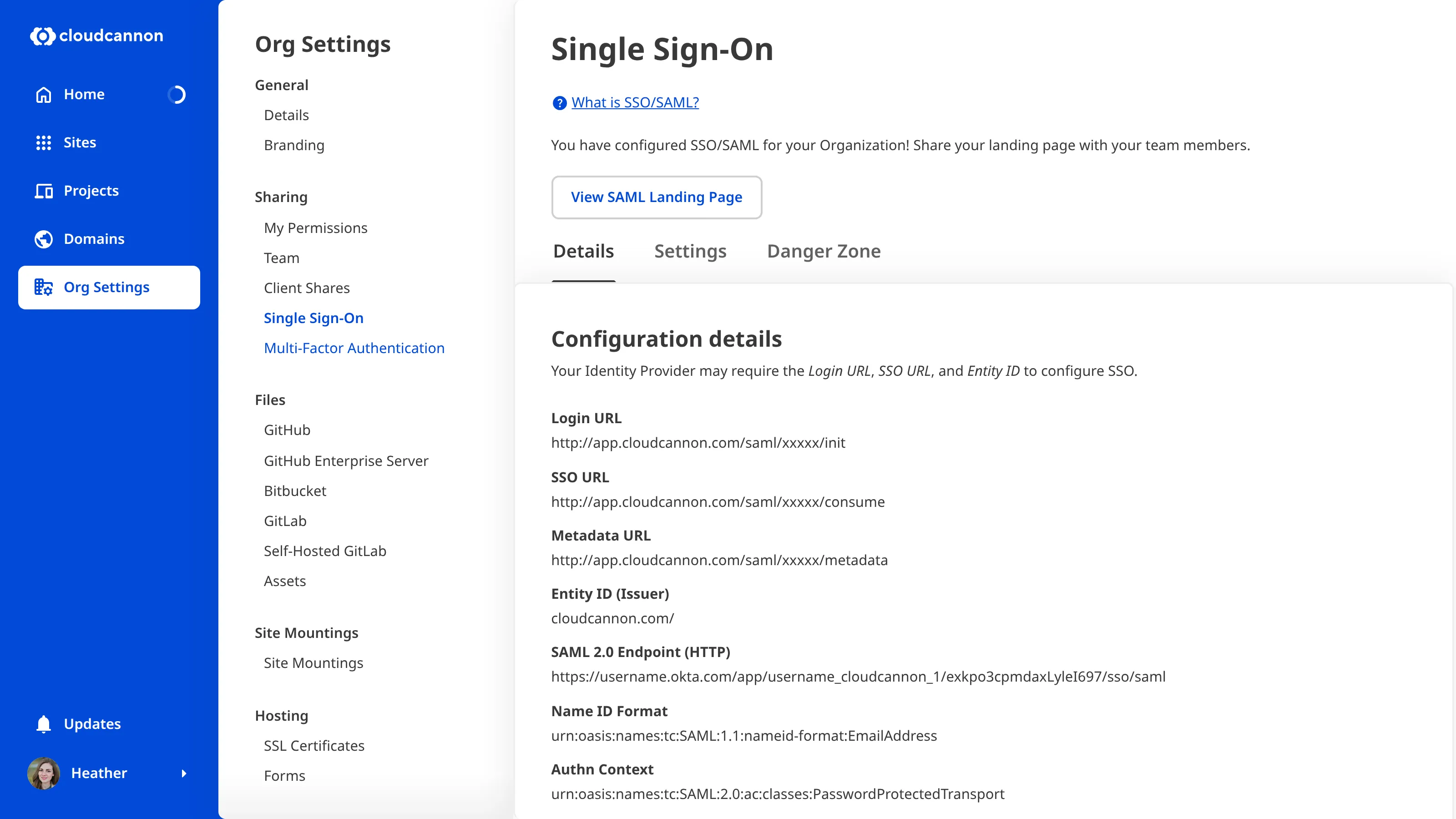 A screenshot of the Details Tab on the Single Sign-On page shows the details of your SSO configuration.