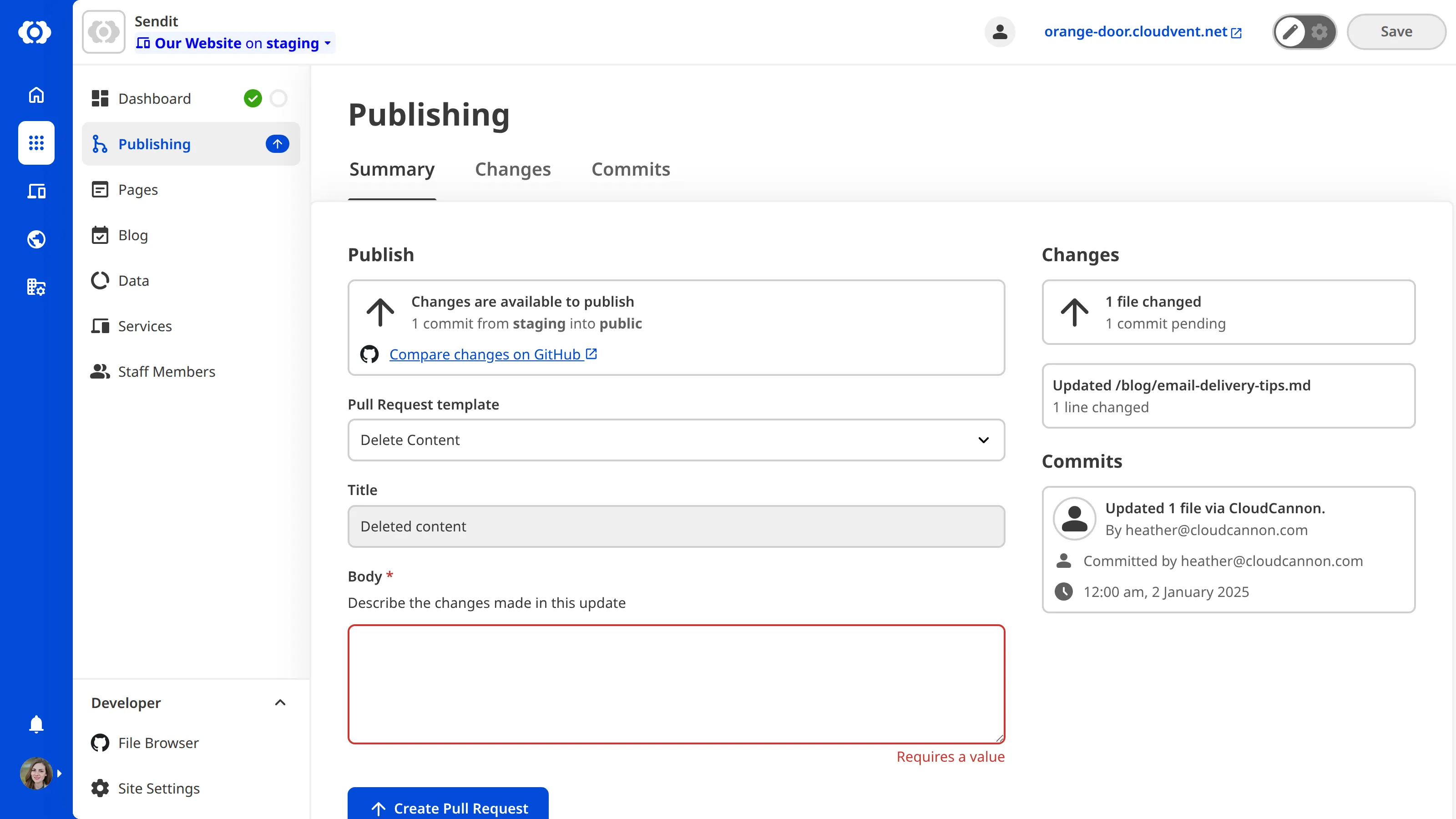 A screenshot of the Publishing Page shows fields for Title and Body, and the Create Pull Request Button.