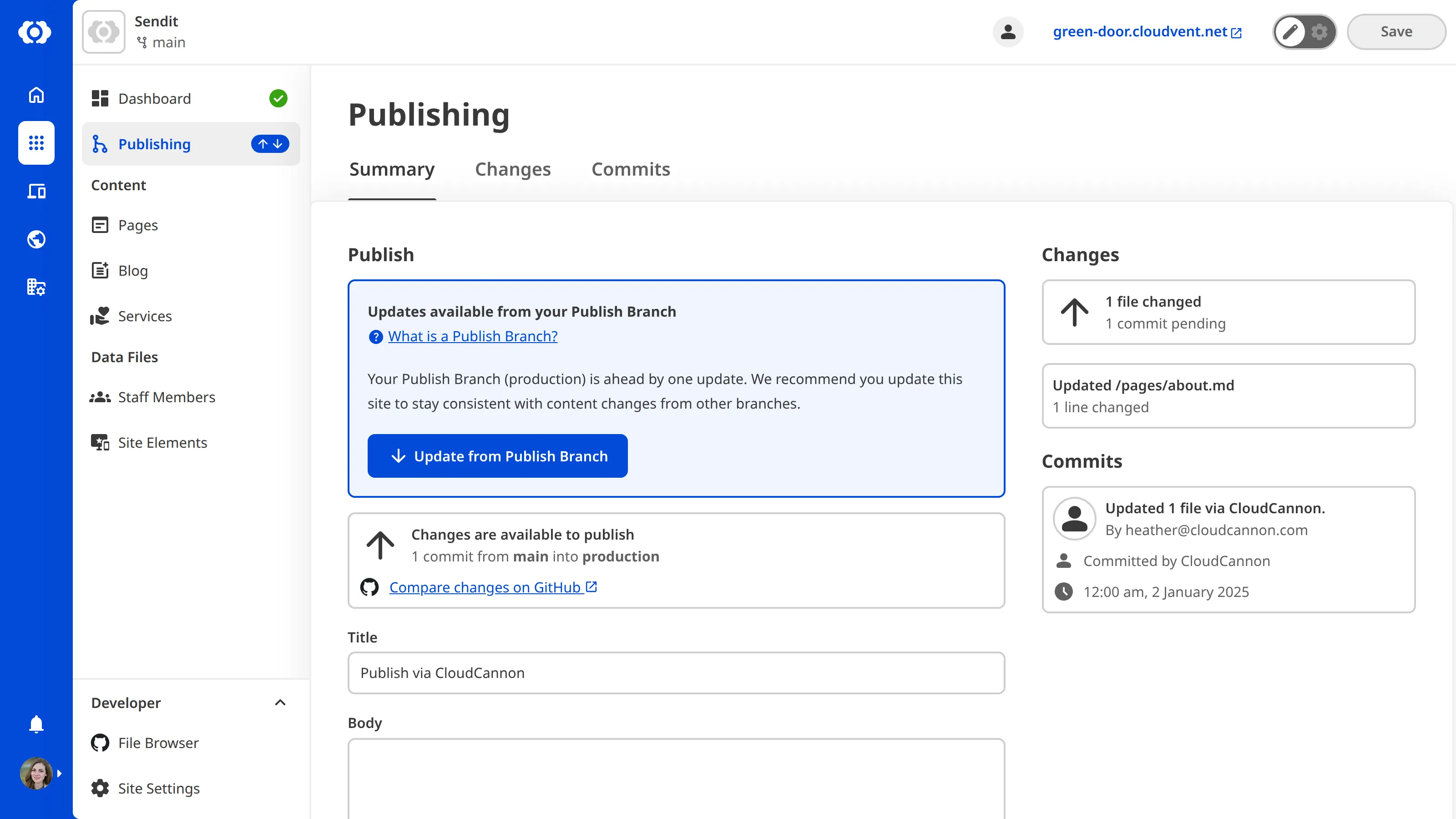 A screenshot of the Publishing page shows the Updates available from your Publish Branch notification and the Update this site button.
