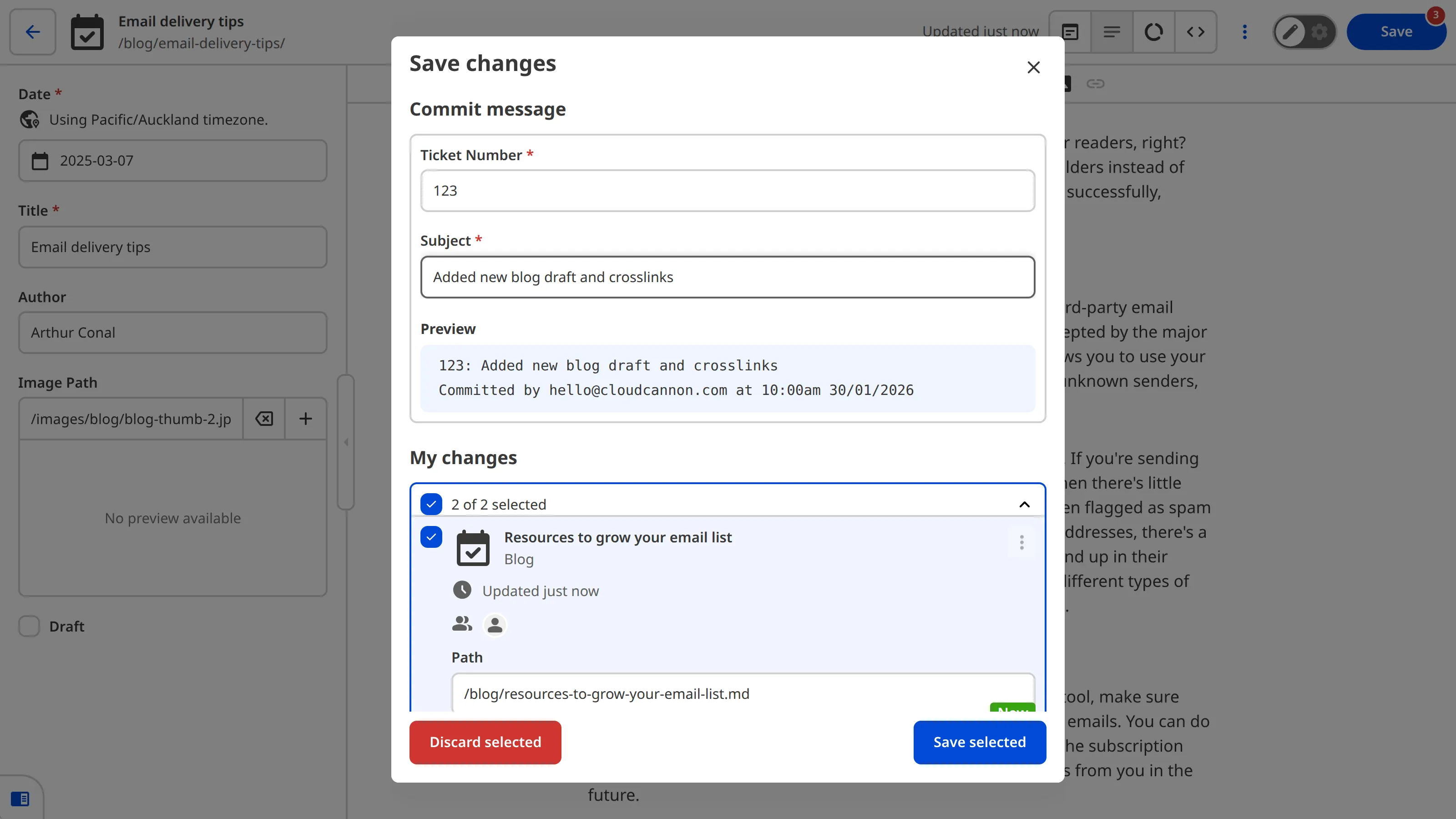 A screenshot of the Save Changes modal shows a Commit Message with fields for ticket number and subject.