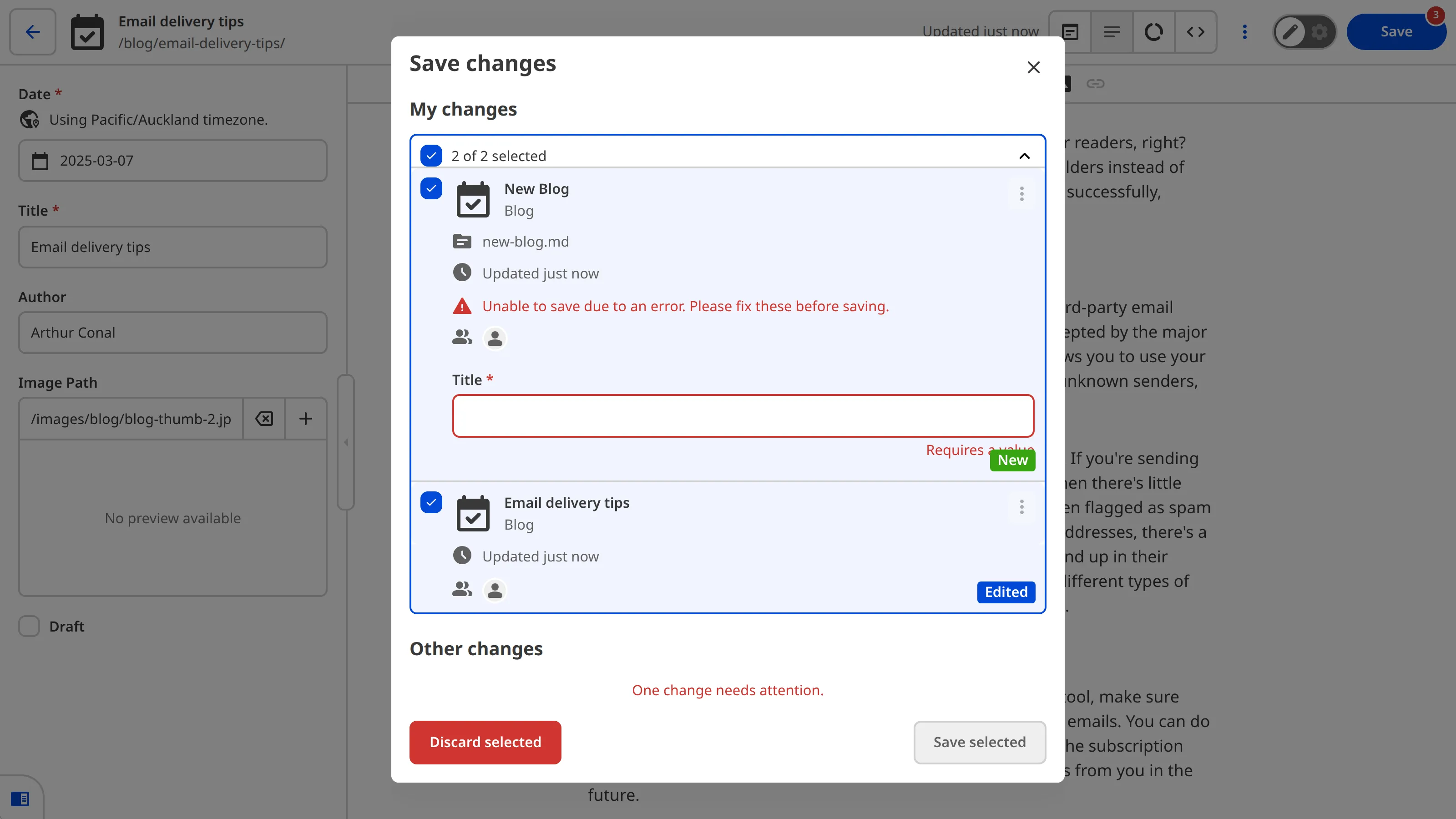 A screenshot of the Save Changes modal shows a file with an input validation issue (it has no title).