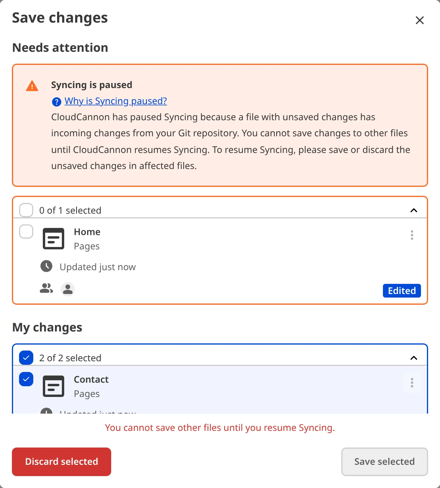 A screenshot of the Save Changes modal shows a Syncing is paused warning and affected files highlighted in orange.