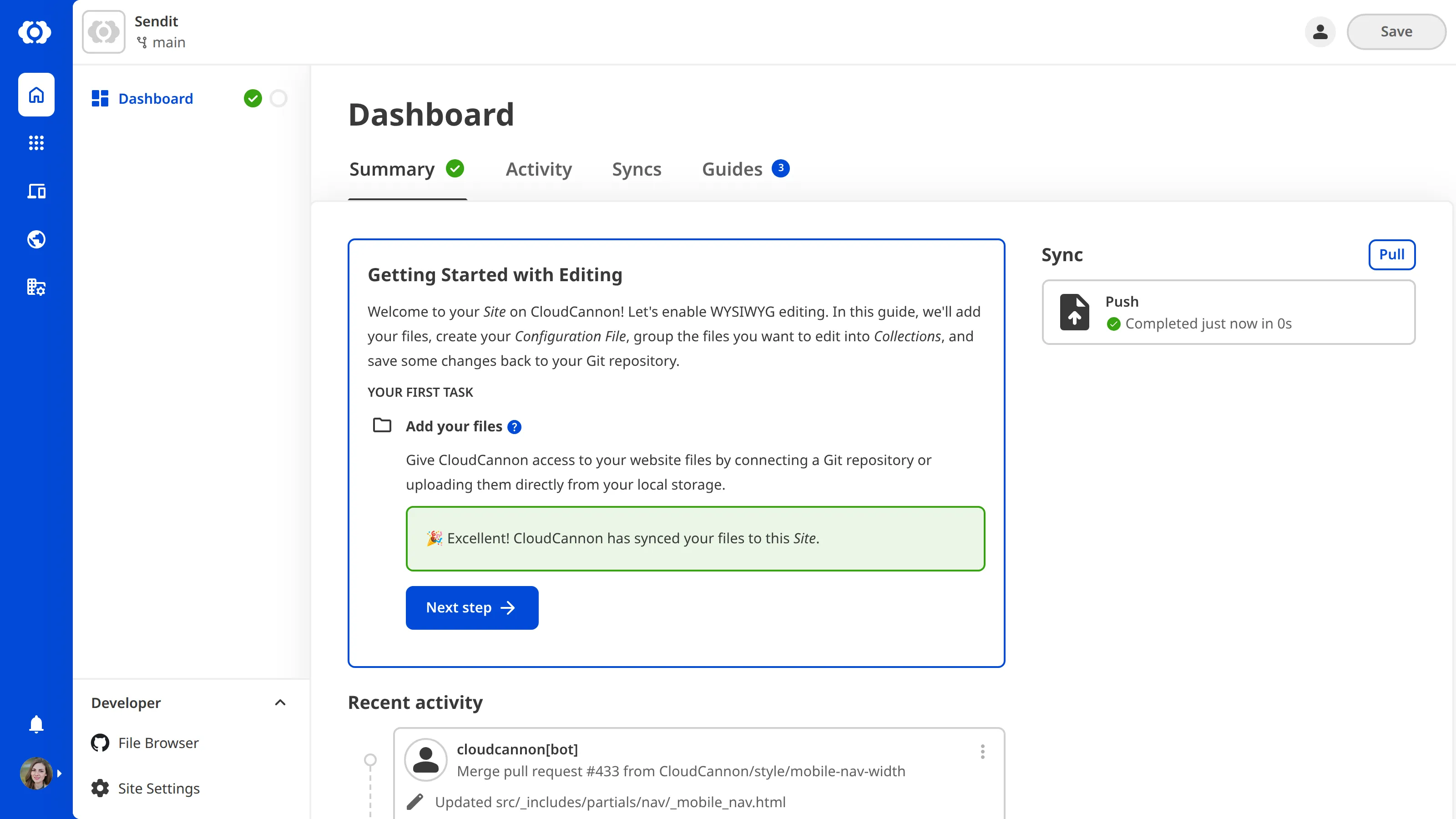 A screenshot of the Site Dashboard shows the Getting Started with Editing guide with a task to Add your Files.