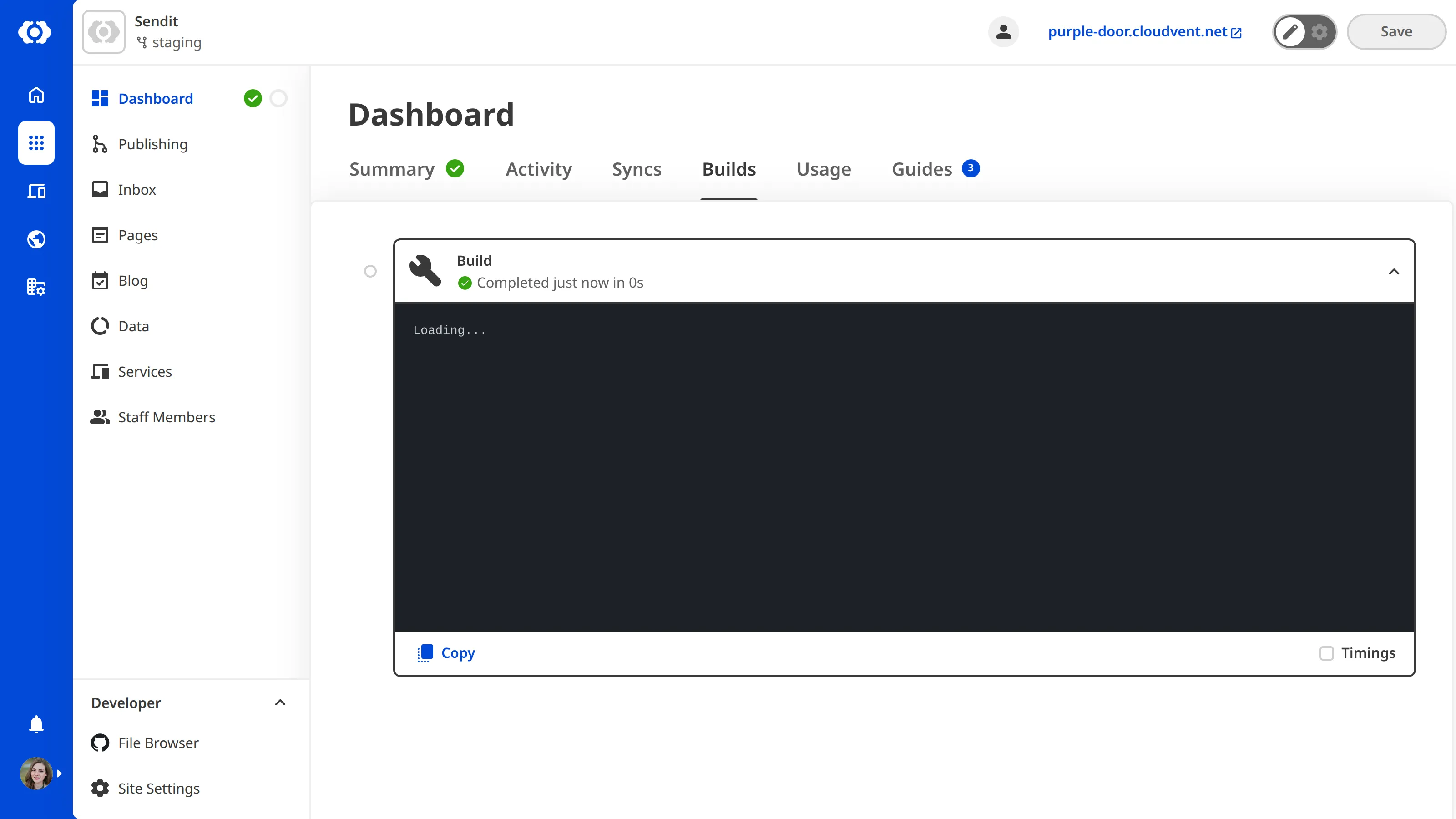 A screenshot of the Site Dashboard Builds tab shows that the first build of a Site is running.