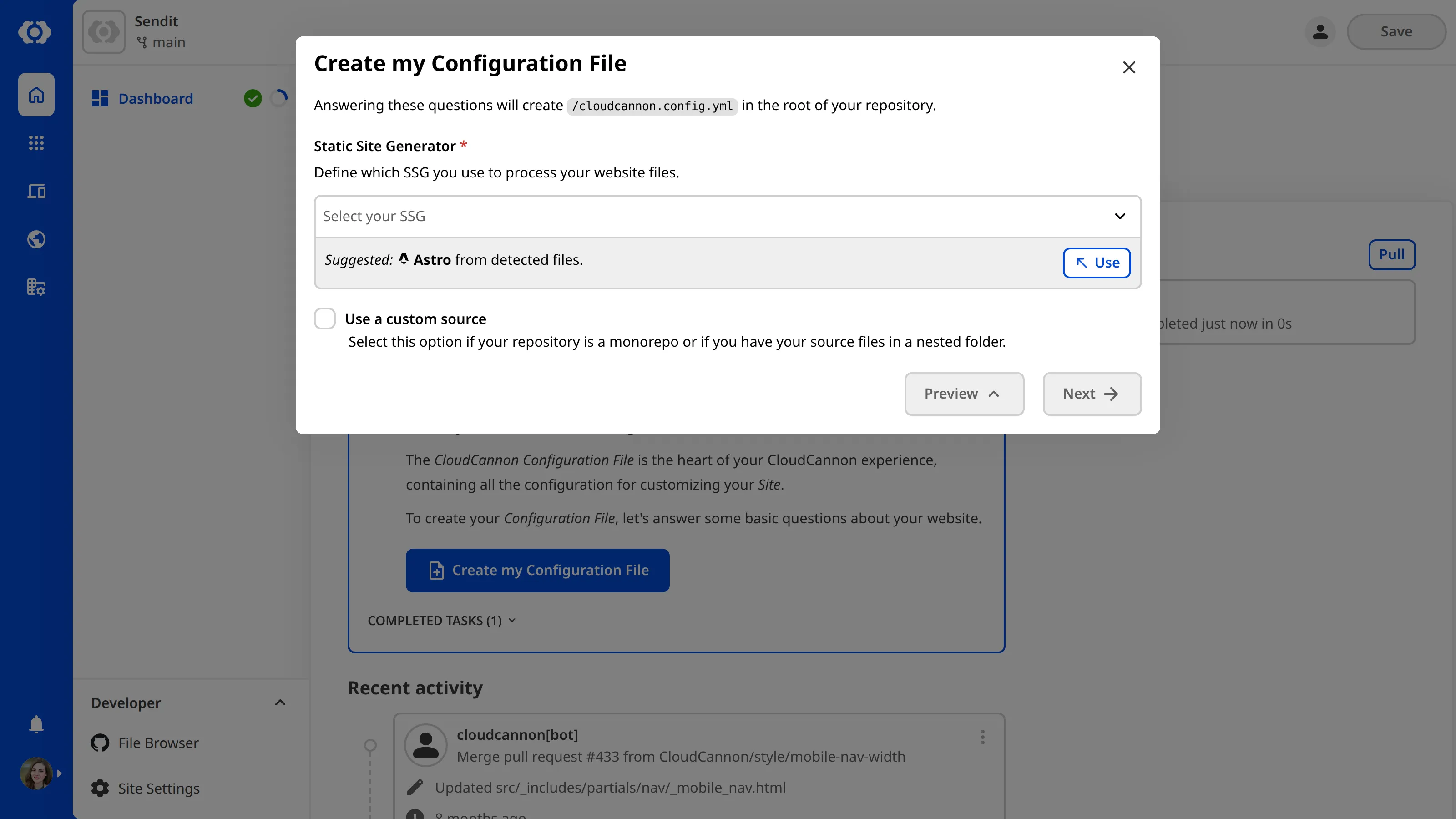 The Create my Configuration File modal A screenshot of the Create my Configuration File modal shows text fields for selecting your SSG and source folder.