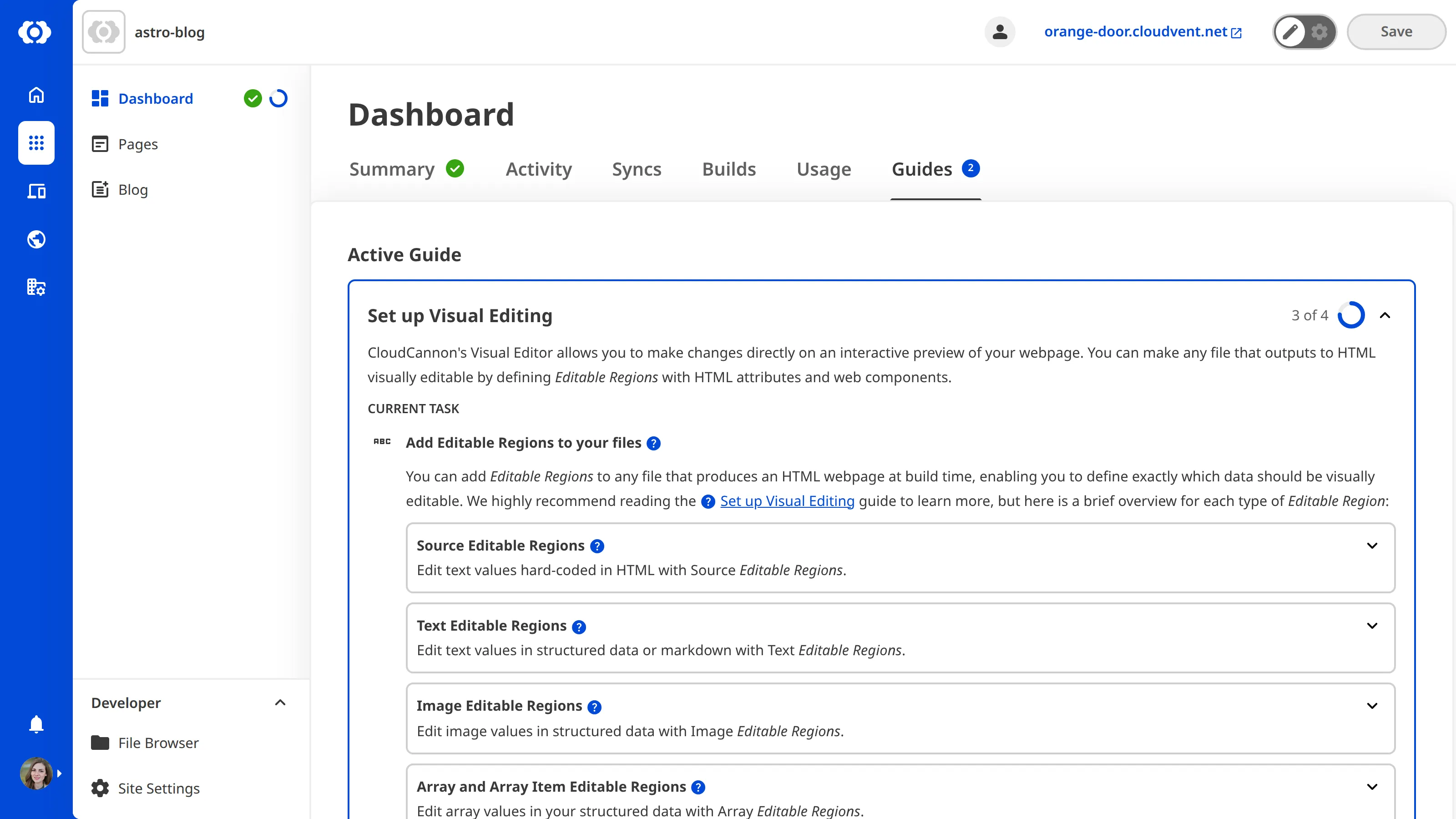 The Site Dashboard Guides tab A screenshot of the Guides tab on the Site Dashboard shows that the active in-app guide is Set up Visual Editing.