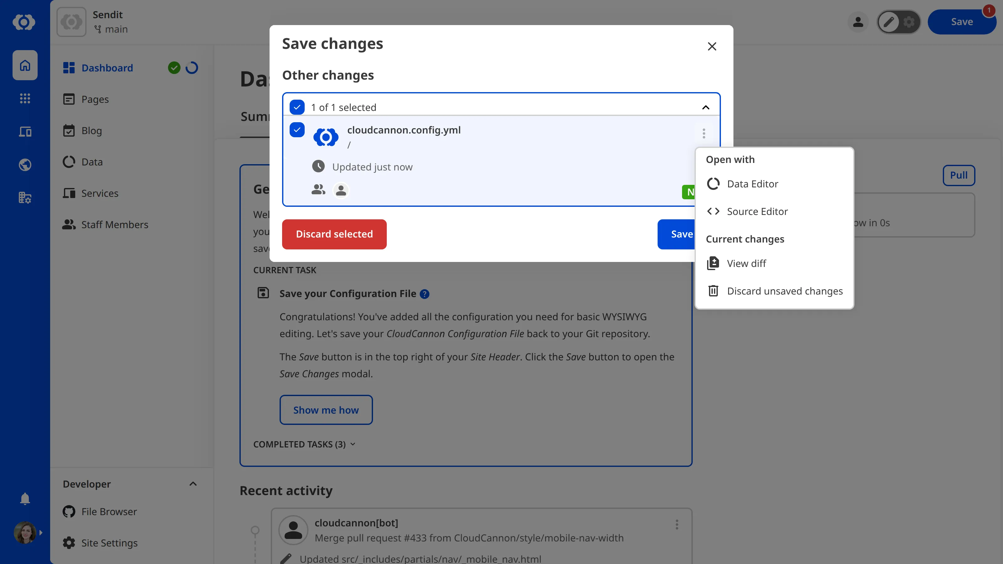 A screenshot of the Save Changes modal shows unsaved changes from multiple people and an open Context Menu with file actions.