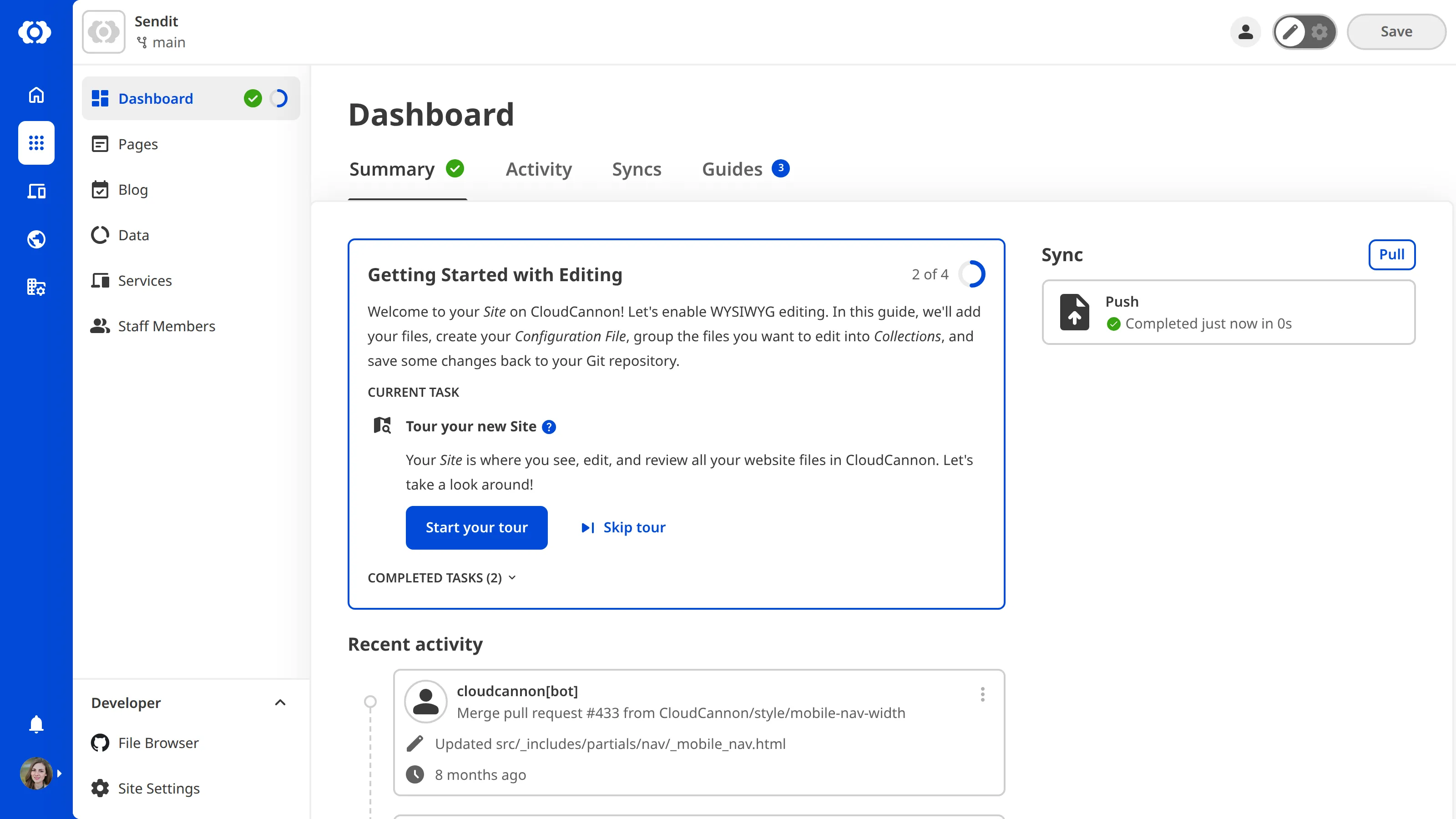 A screenshot of the Site Dashboard shows the Getting Started in-app guide with a task to Tour your new Site.