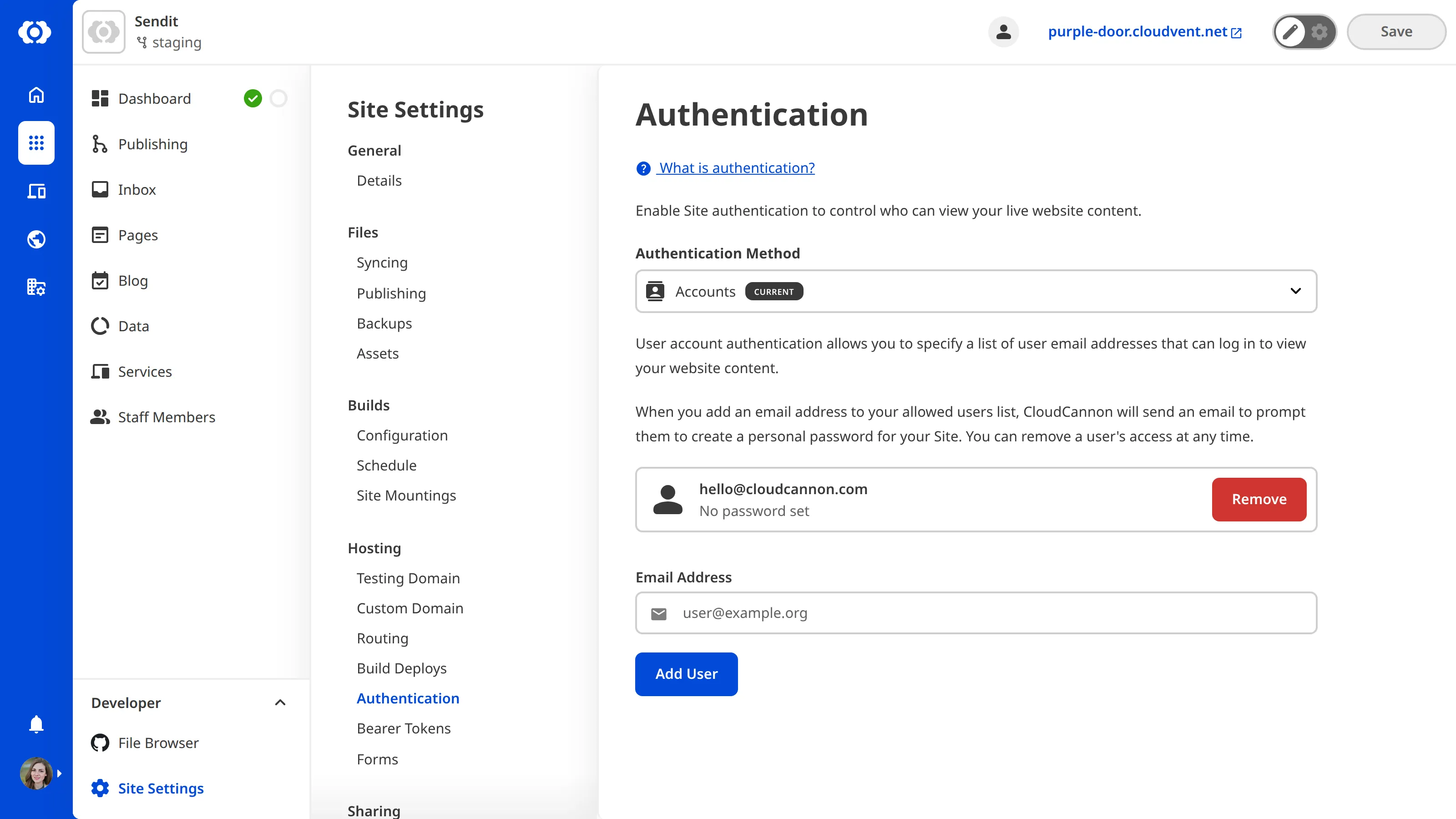 A screenshot of the Authentication page shows a card for each user you have invited to your Site.