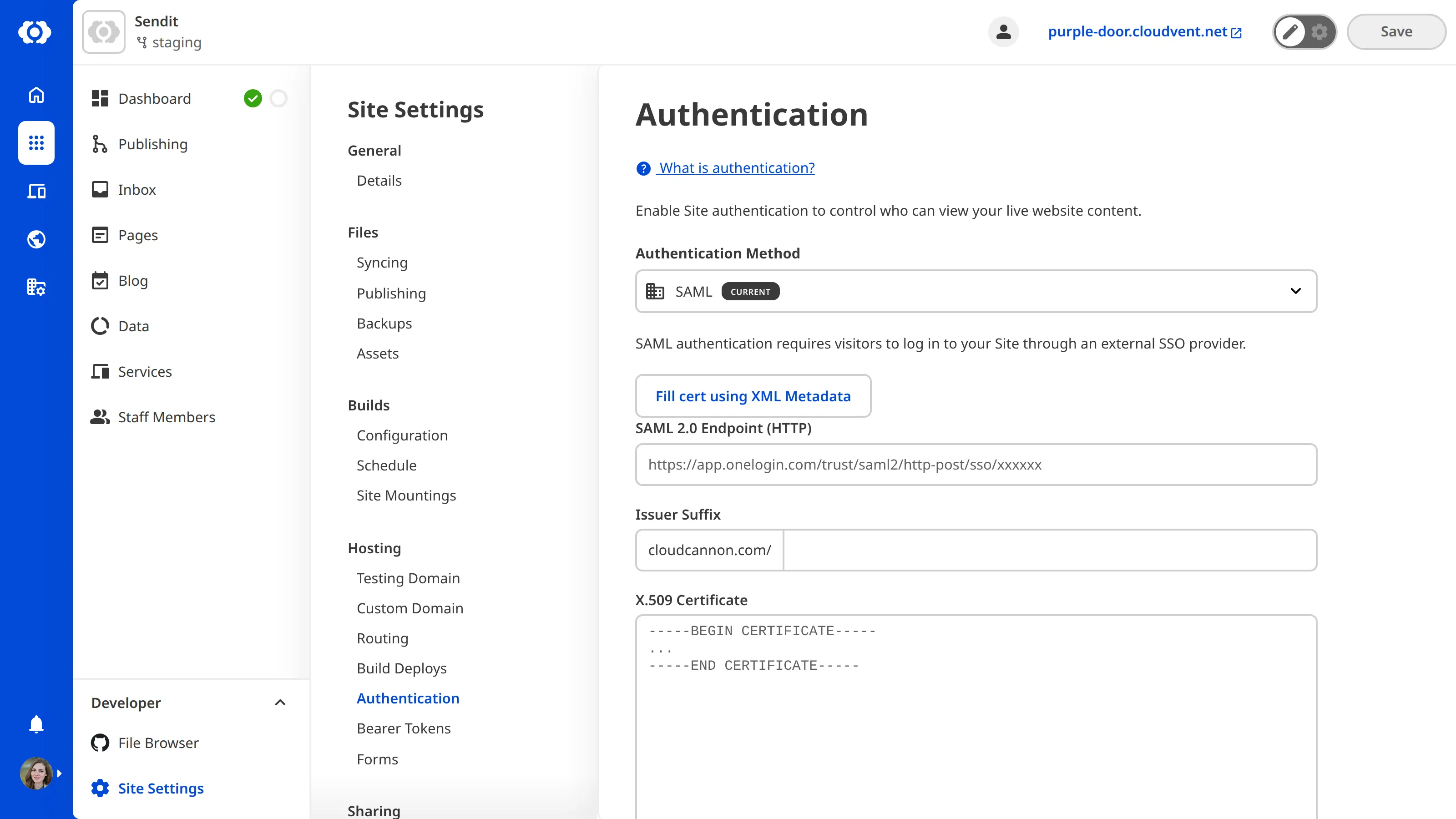 A screenshot of the Authentication page shows fields for SAML 2.0 Endpoint (HTTP), Issuer Suffix , and X.509 Certificate.