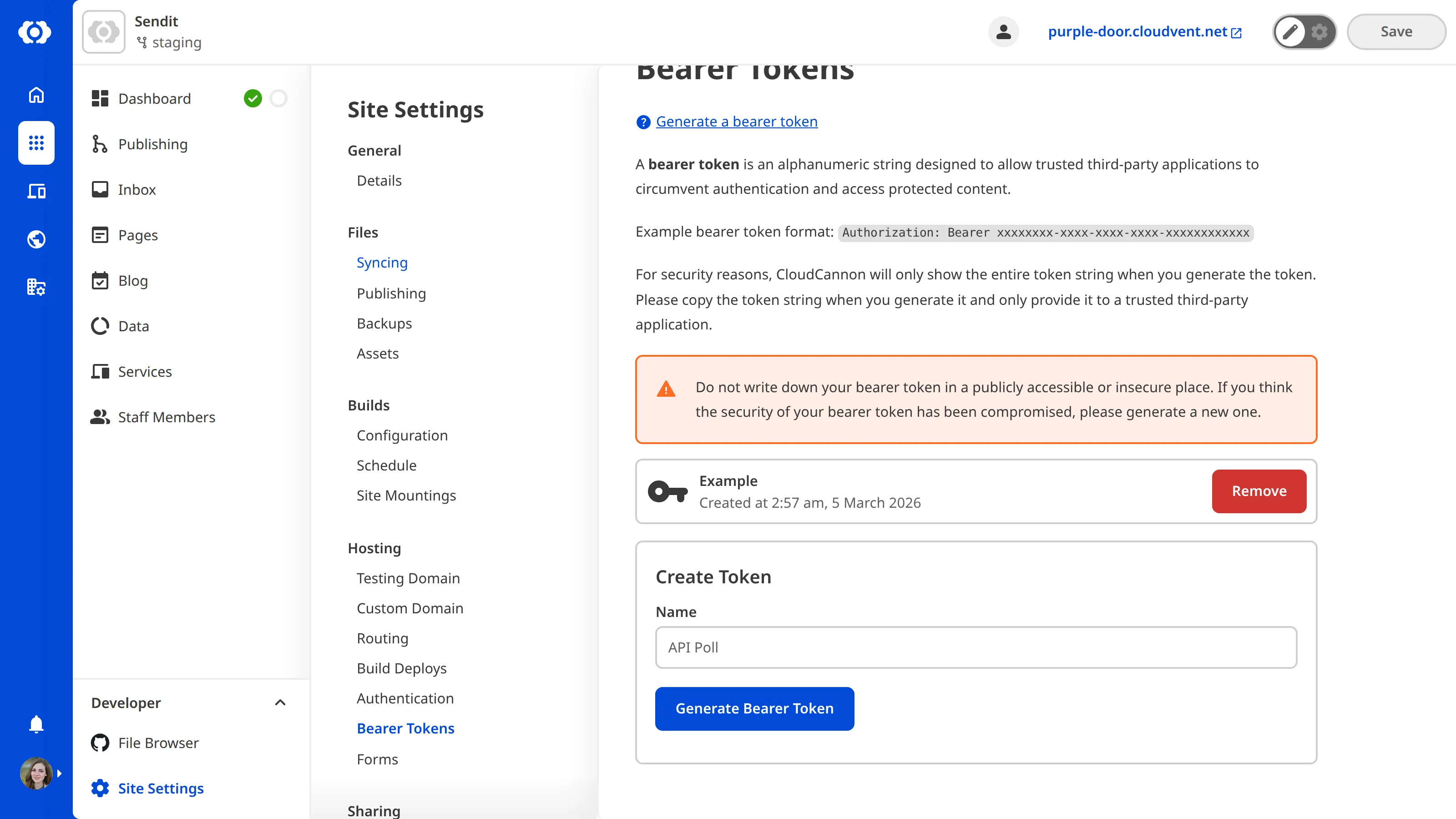 A screenshot of the Bearer Token page under Site Settings shows one bearer token has been generated for this Site.