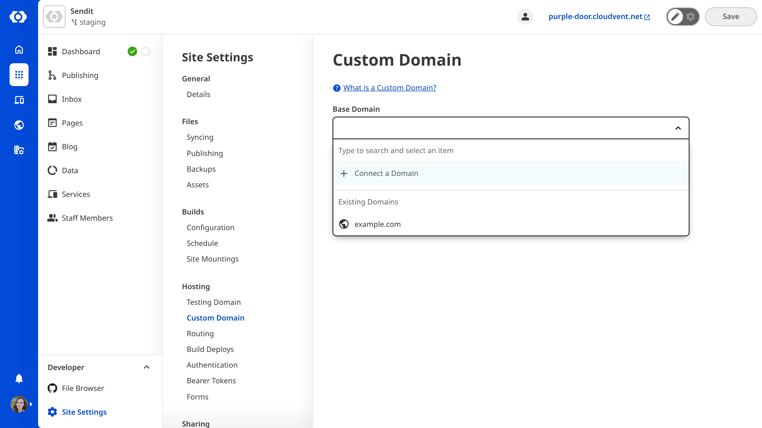 A screenshot of the Custom Domains page under Site Settings shows the Base Domain dropdown open with the option to Connect a Domain.