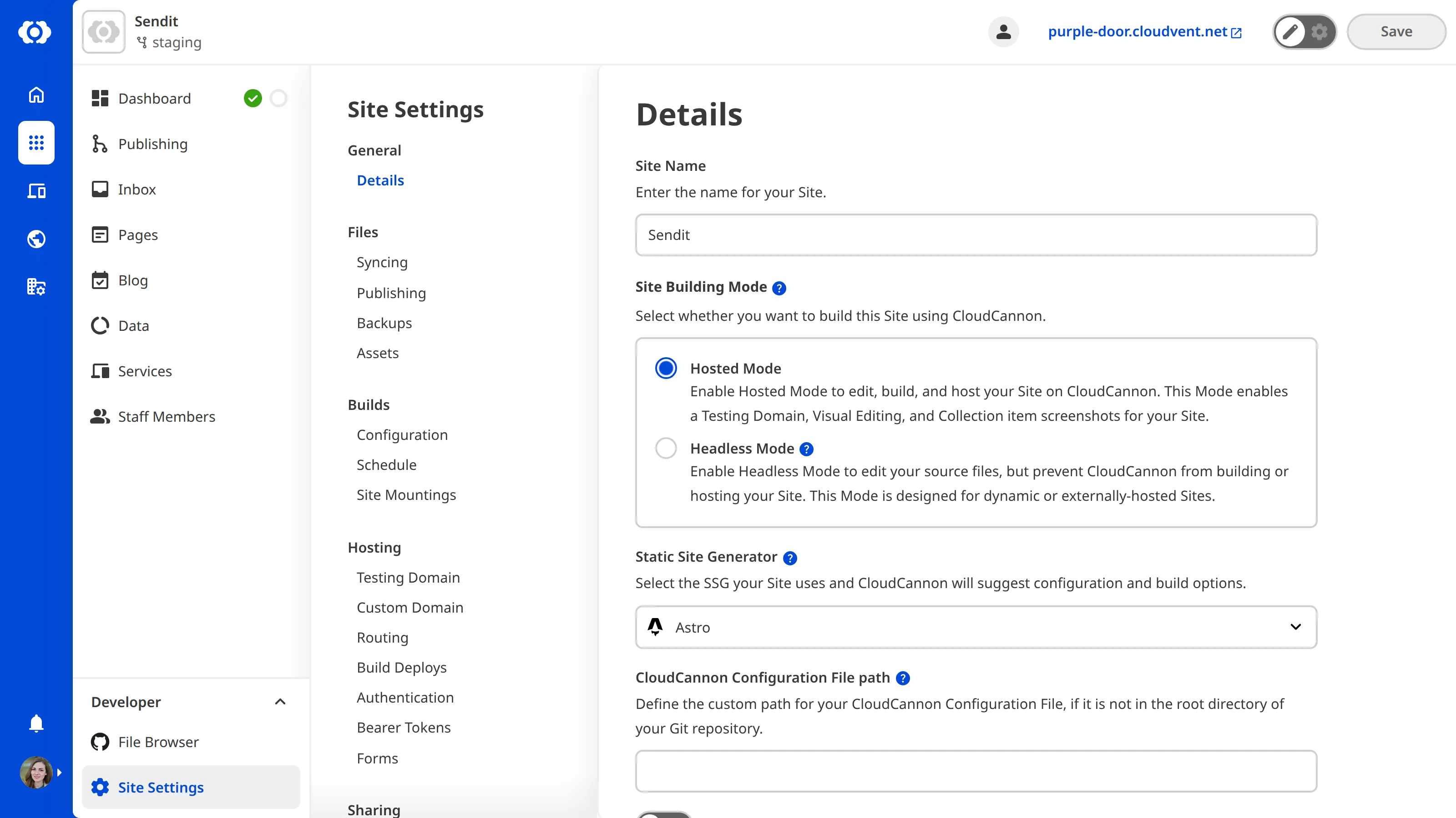 A screenshot of the Details page under Site Settings shows the CloudCannon Configuration File path text field.