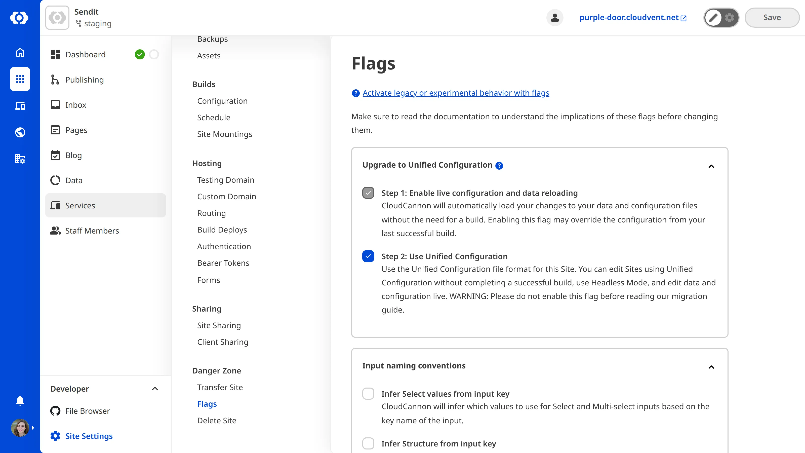 A screenshot of the Flags page in your Site Settings shows three checkboxes for enabling opt-in behavior in CloudCannon.