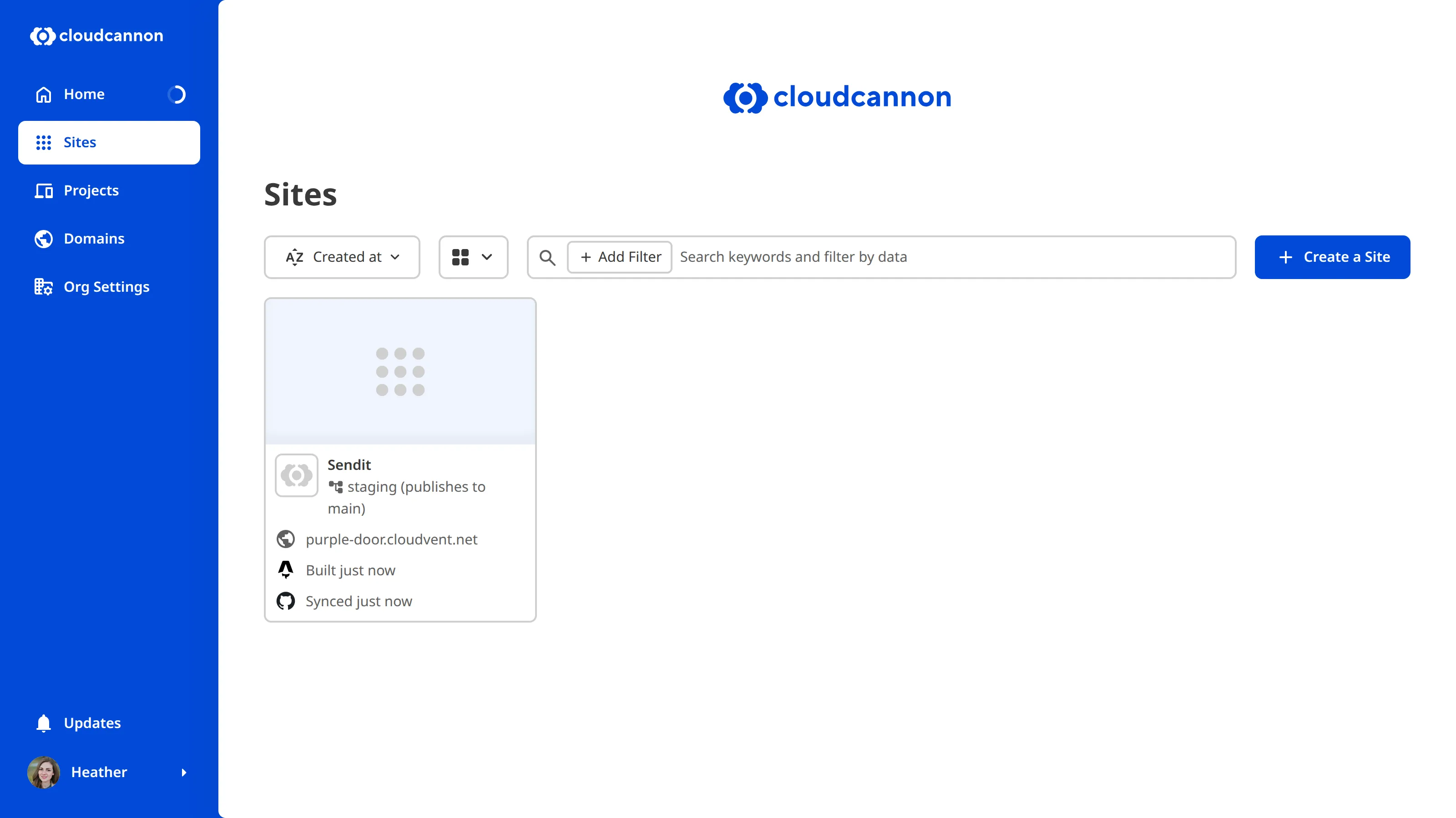A screenshot of the Sites Browsers shows one Site and the + Create a Site button in the top right.