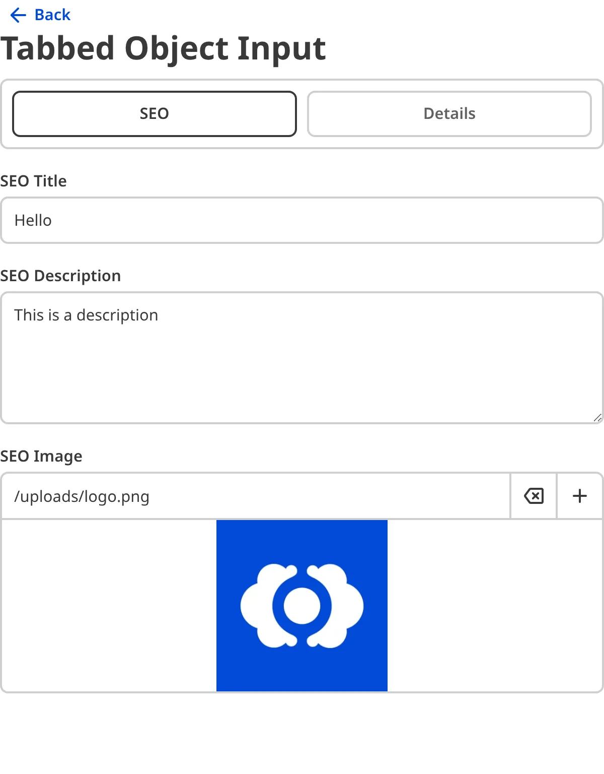 A screenshot of the nested content within a Tabbed Object Input in the Data Editor.