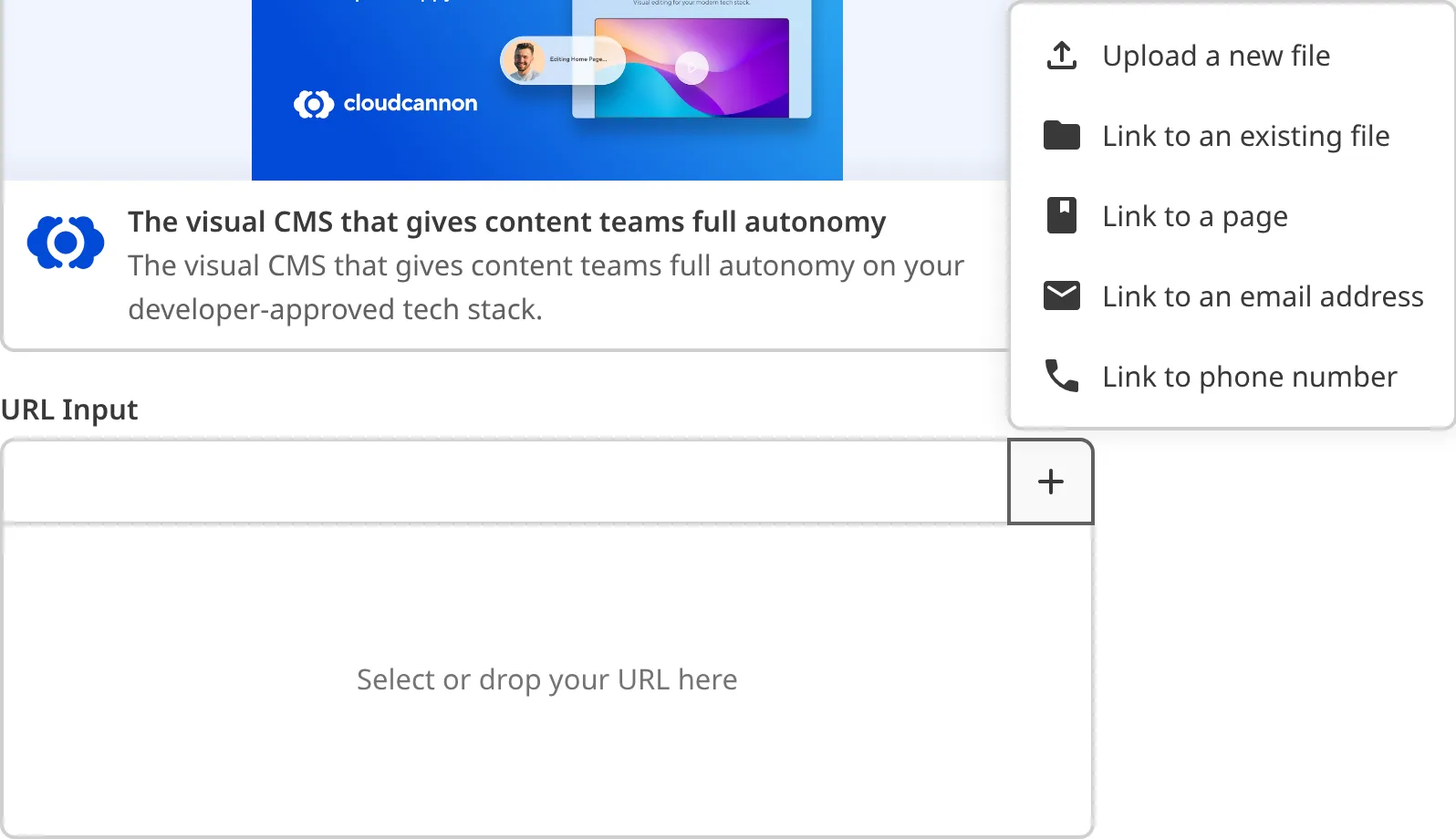 A screenshot of the Add URL dropdown on a URL Input shows the several options.