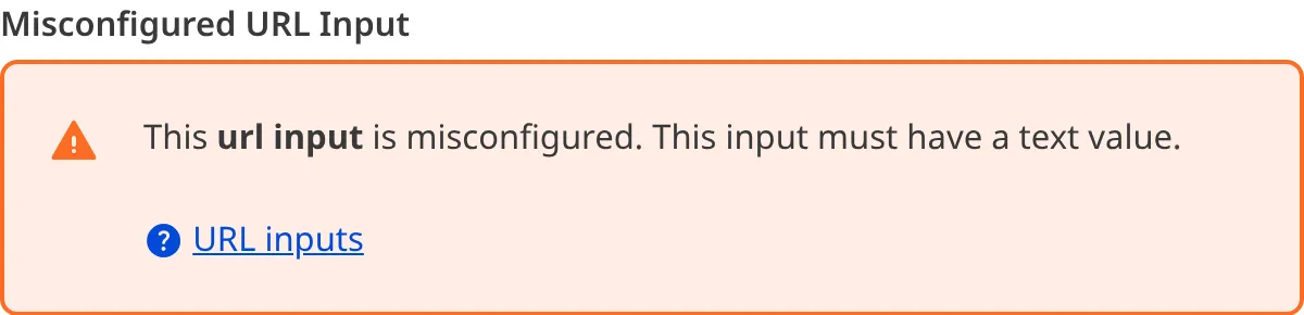 A screenshot of a misconfigured URL input in the Data Editor shows an orange warning box.