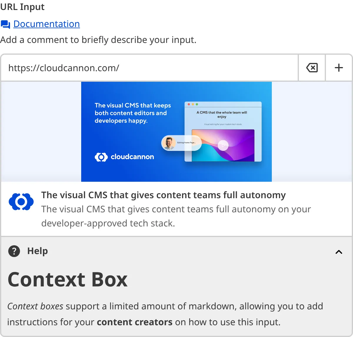 A screenshot of the URL Input in the Data Editor with a Context Box underneath the text area.