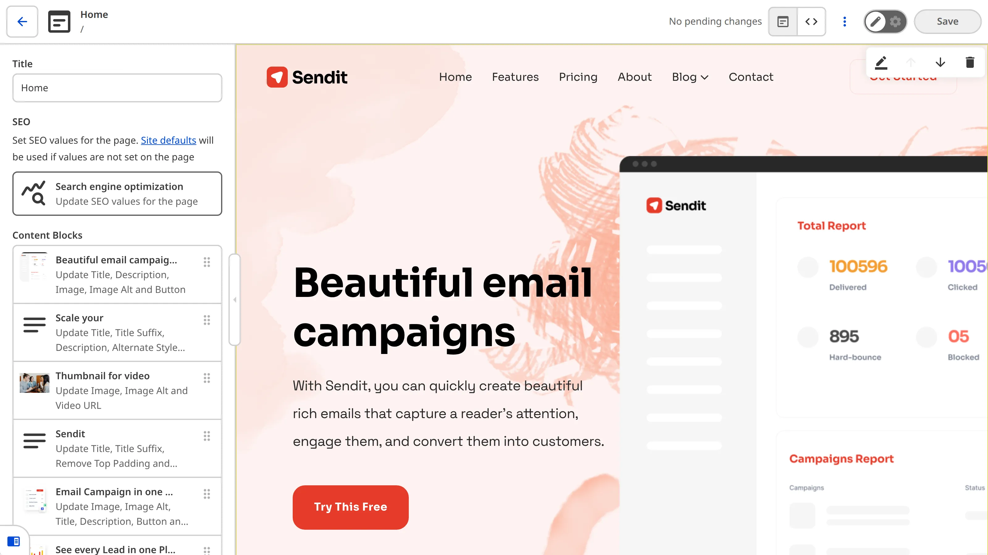 A screenshot of the Visual Editor displays a webpage preview on the right and a sidebar with input fields on the left.