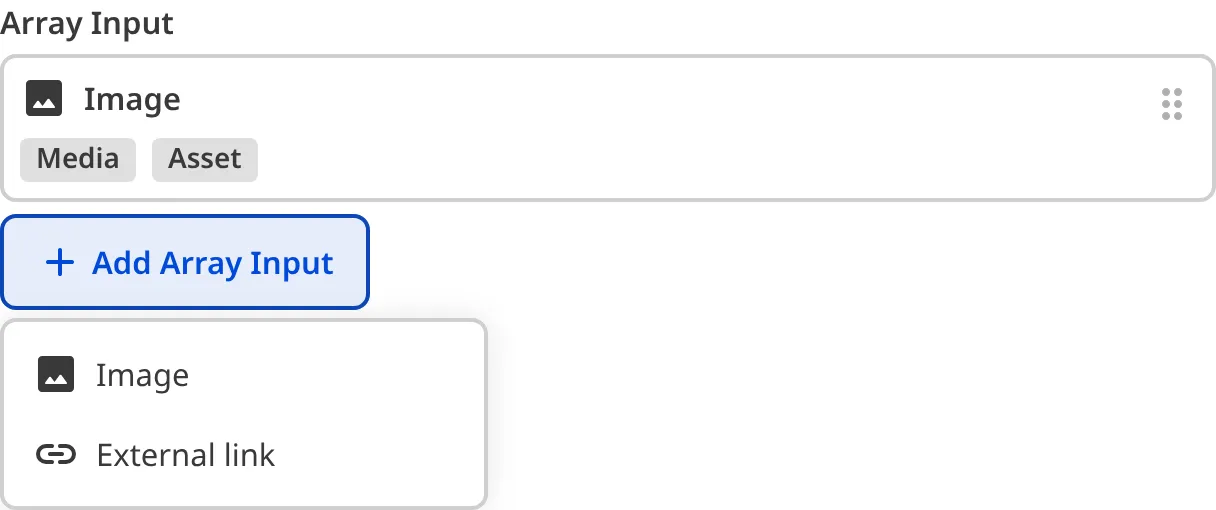 The structure picker dropdown on a structured Array input, showing available structures to add as a new entry.