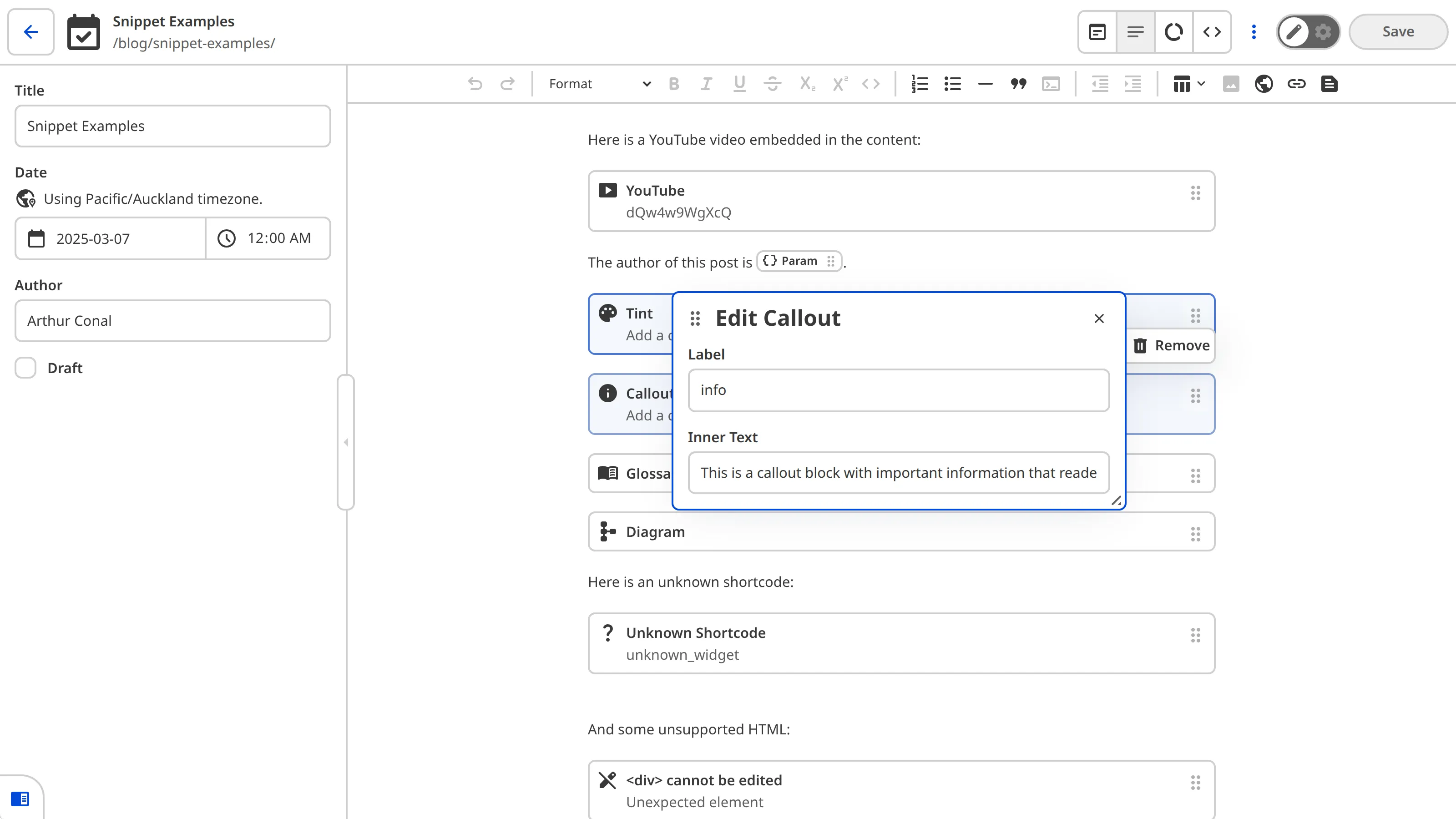 The Content Editor showing a Callout Snippet block selected with the data editor panel open, displaying Label and Inner Text inputs.