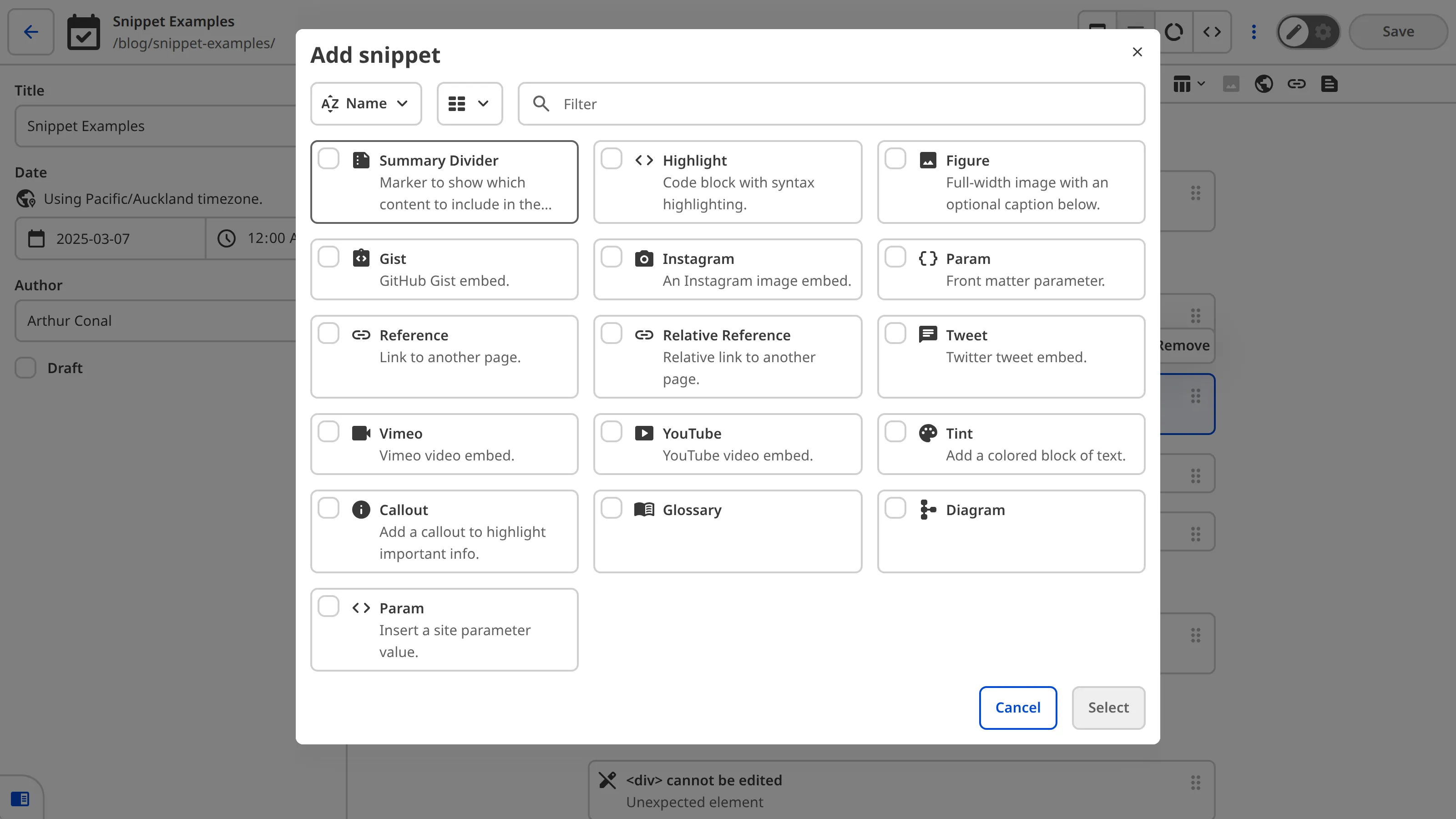 A screenshot of the Snippets pop-up modal in the Content Editor shows a selection of Snippets available to insert into rich text.