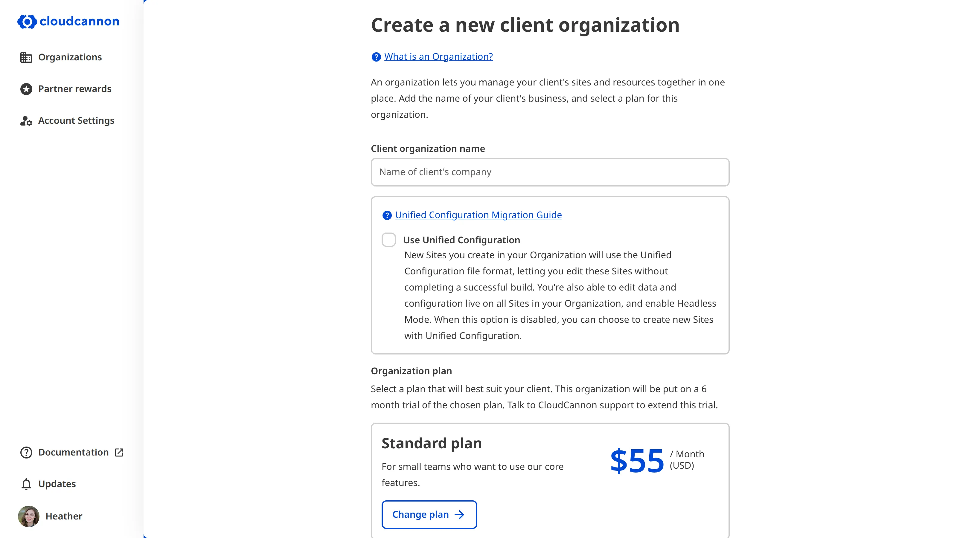 A screenshot of the Create a new Client Organization page shows a filed for Org name, Unified Configuration, and pricing plan.