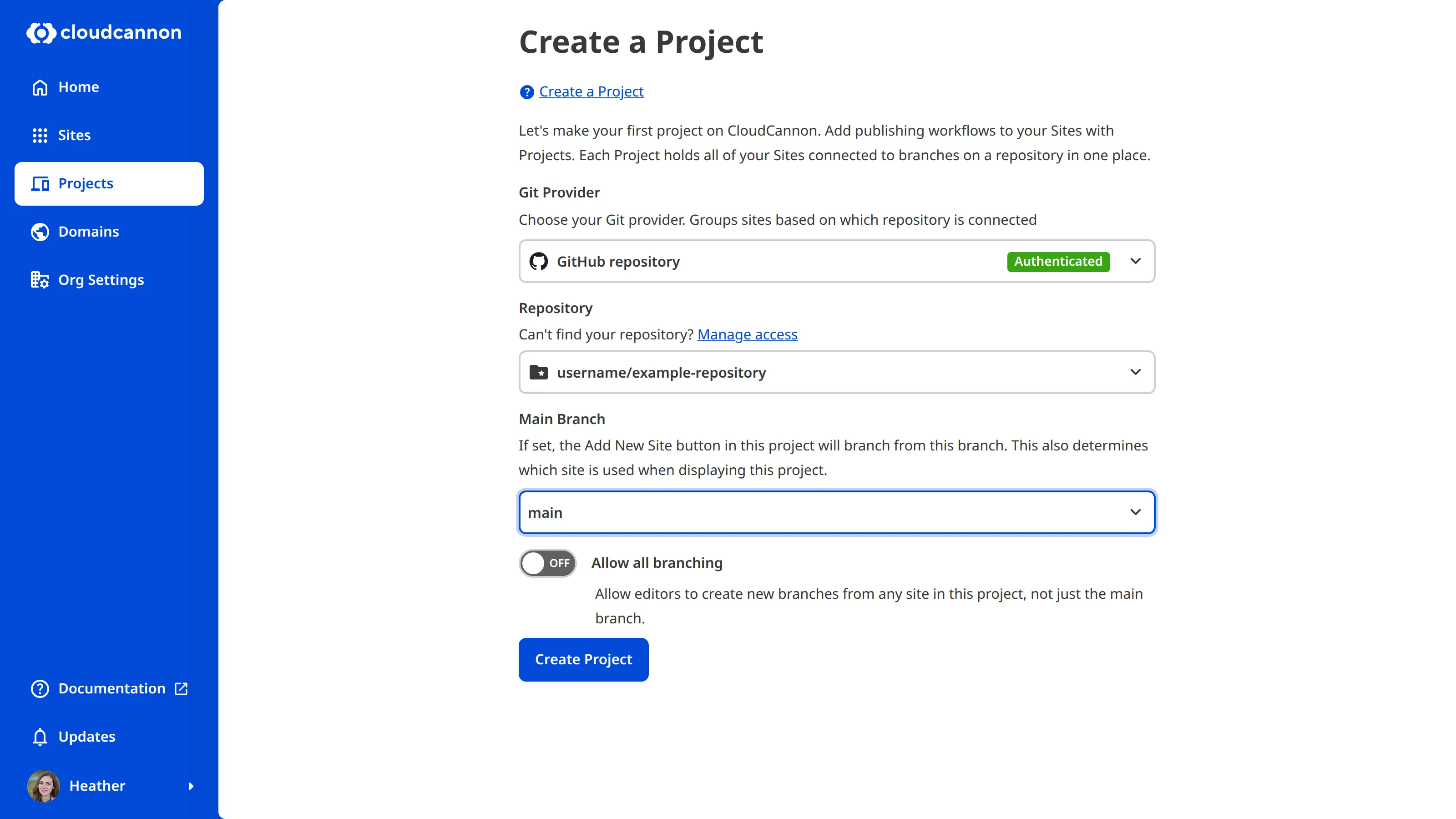 A screenshot of the Create a Project form with all fields completed, including Git Provider, Repository, and Main Branch.
