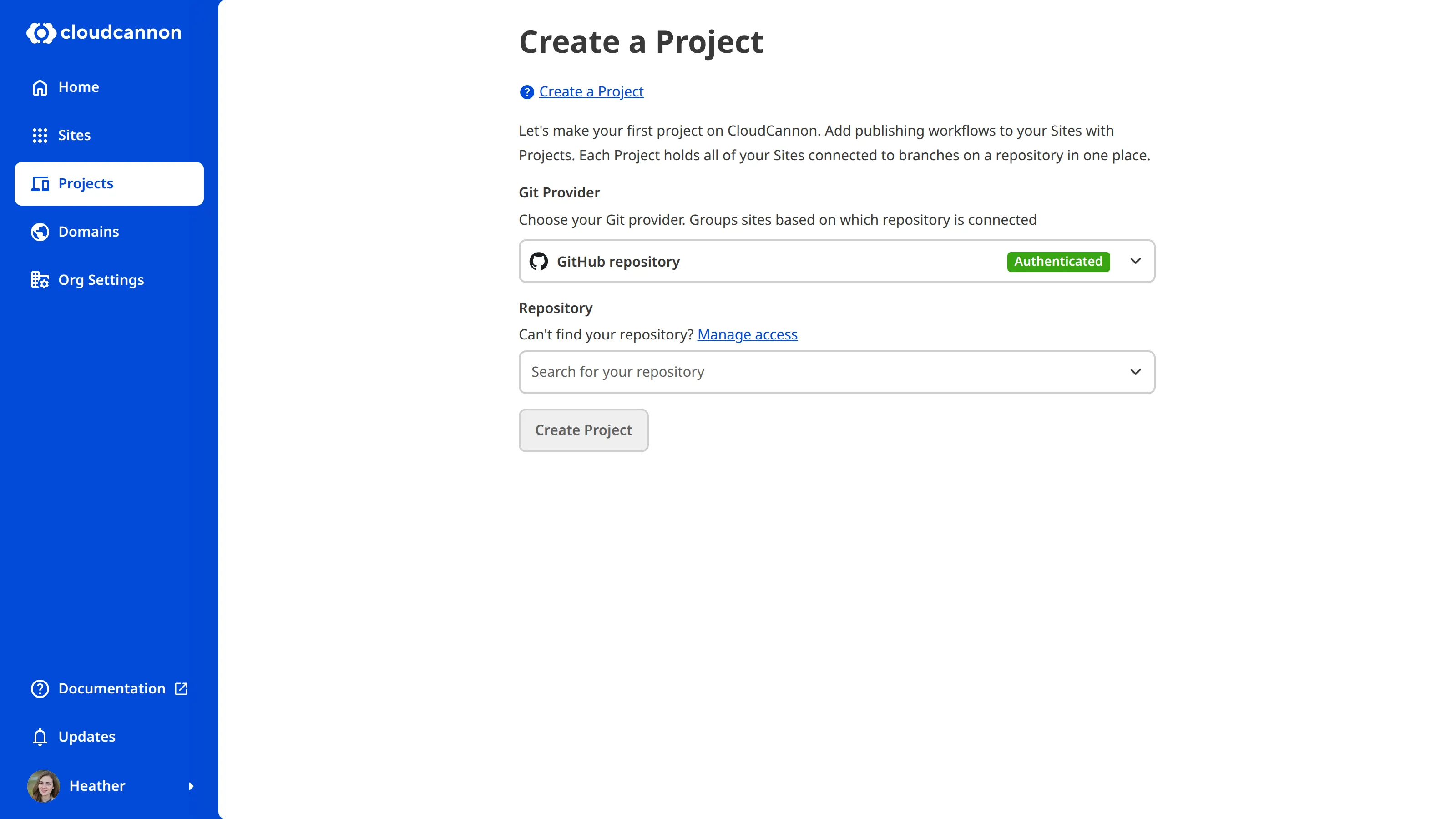 A screenshot of the Create a Project page shows fields for Git Provider, Repository, Main Branch, and other settings.