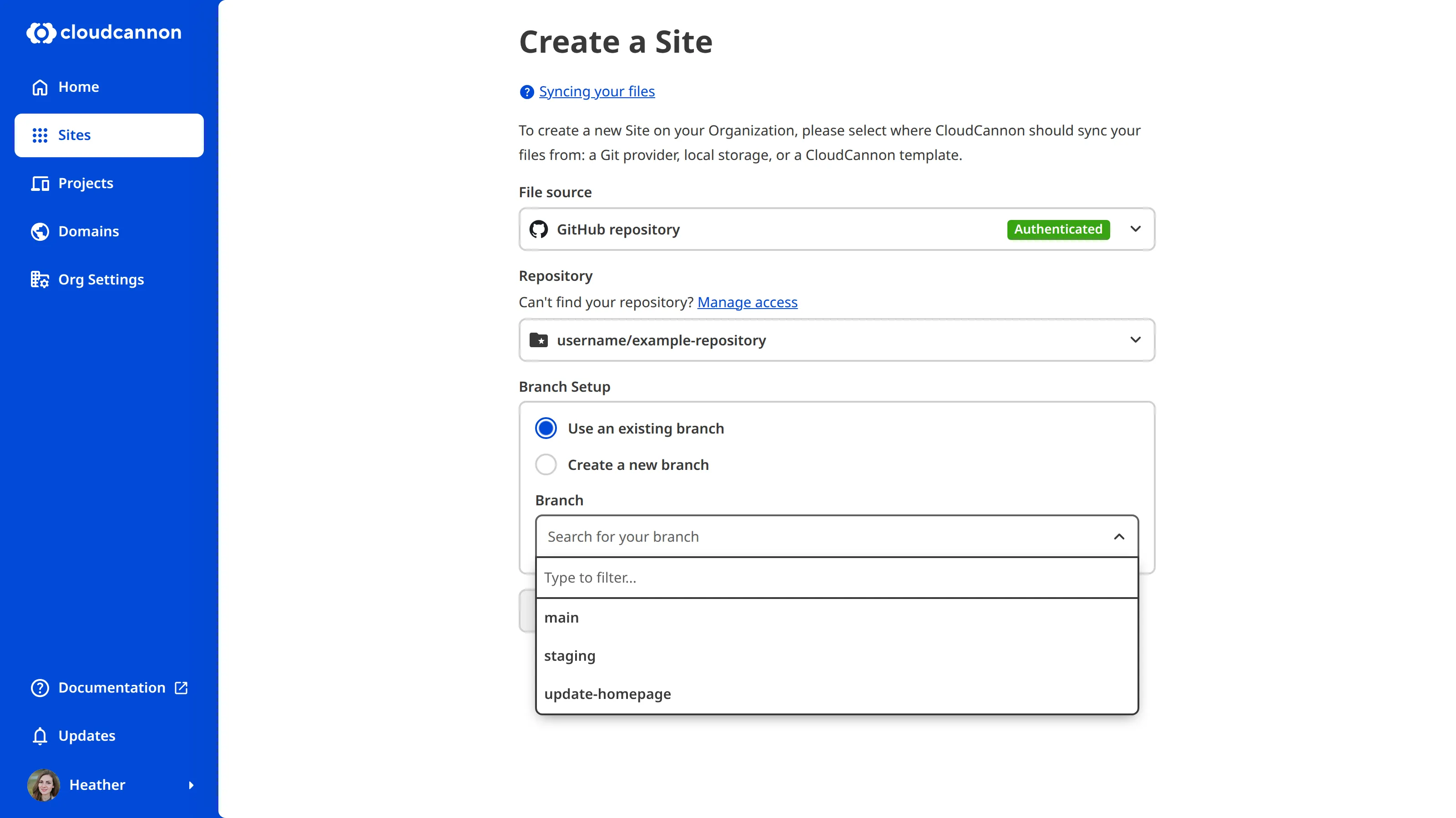 The Create a Site page A screenshot of the Create a Site page shows the Use an existing branch radio button and the Branch dropdown.