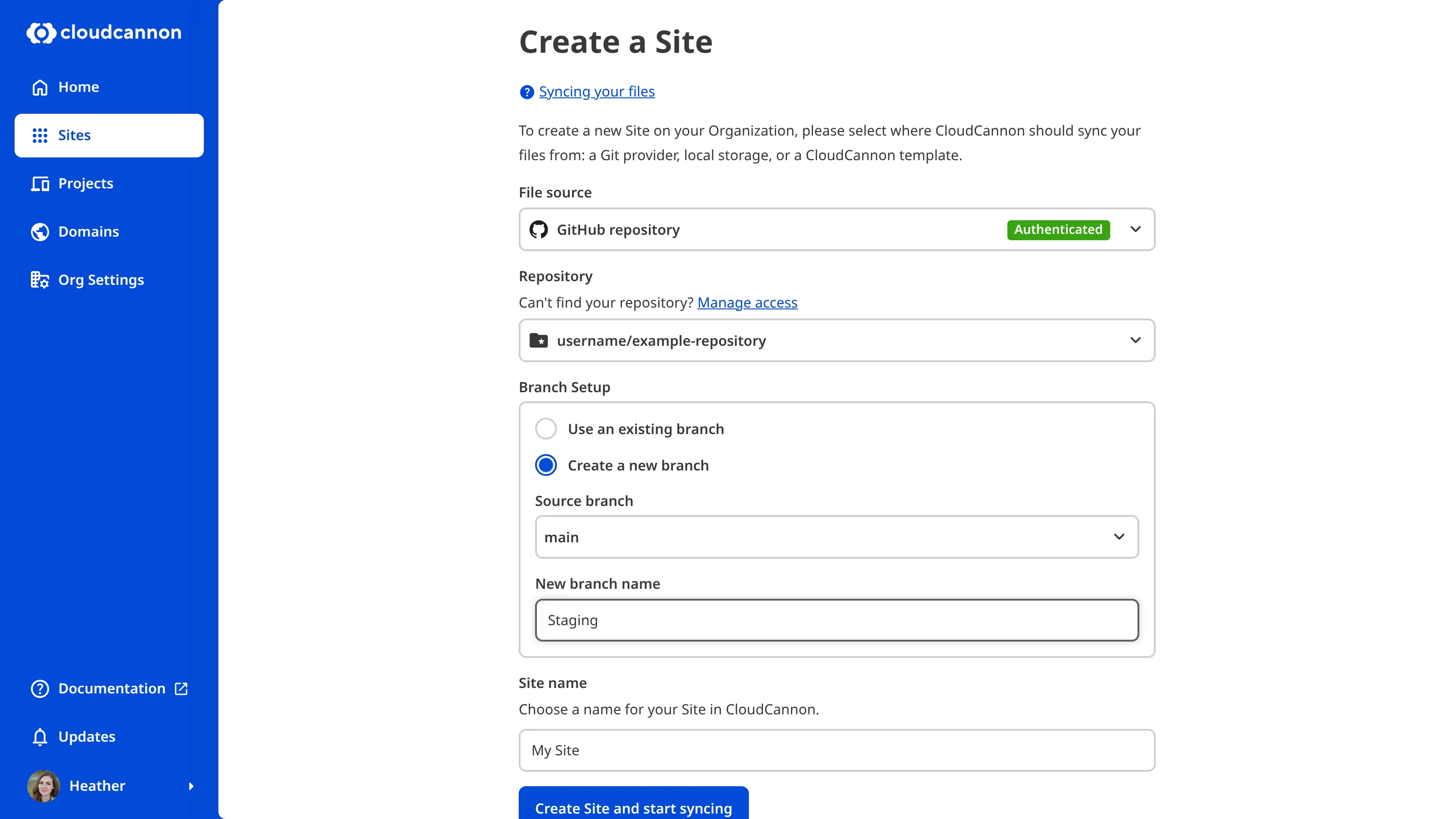 The Create a Site page with the Create a new branch option selected, branching from main.