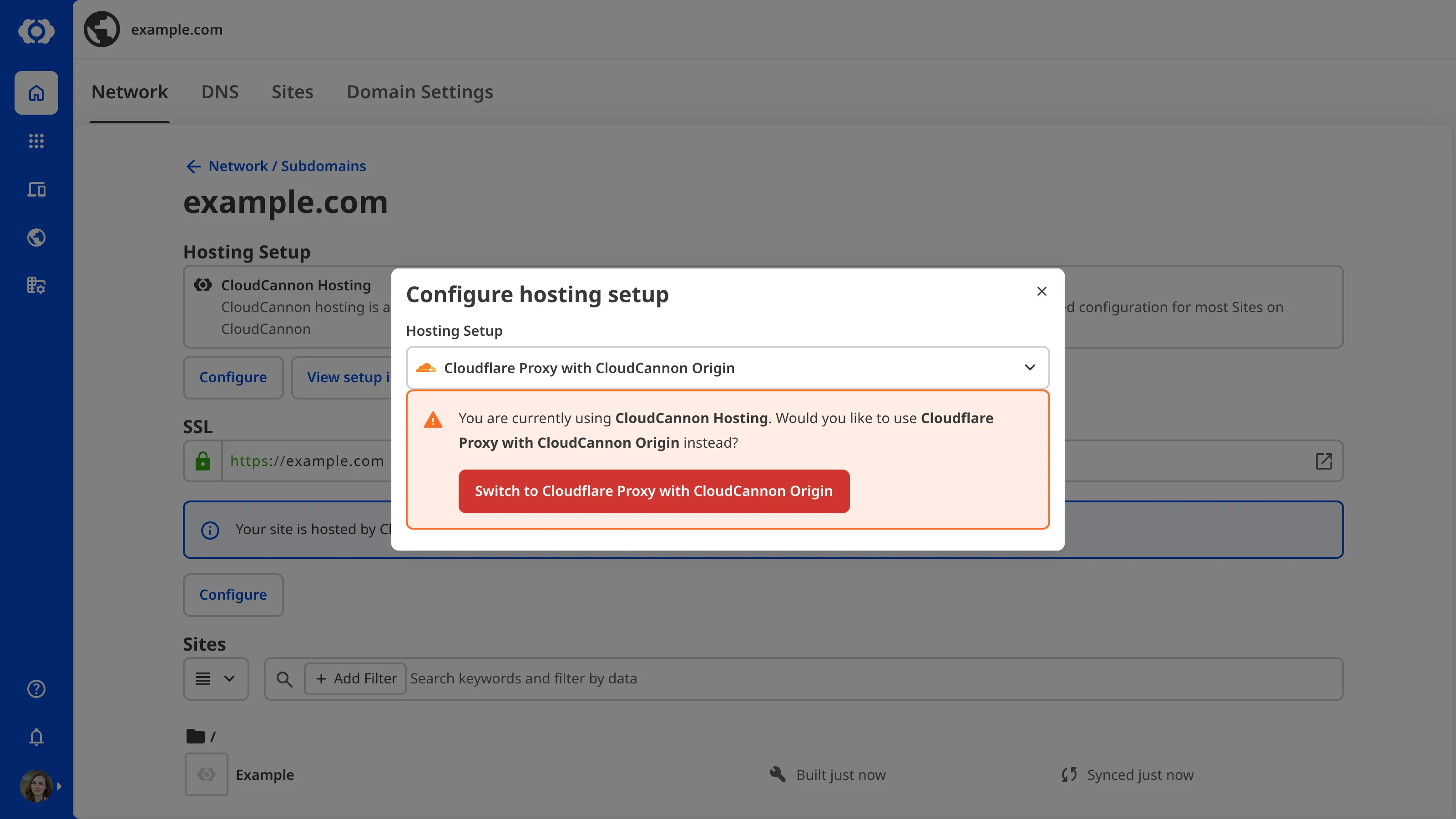 A screenshot of the Custom Domain page shows the Cloudflare Proxy with CloudCannon Origin option in the Hosting Setup dropdown.