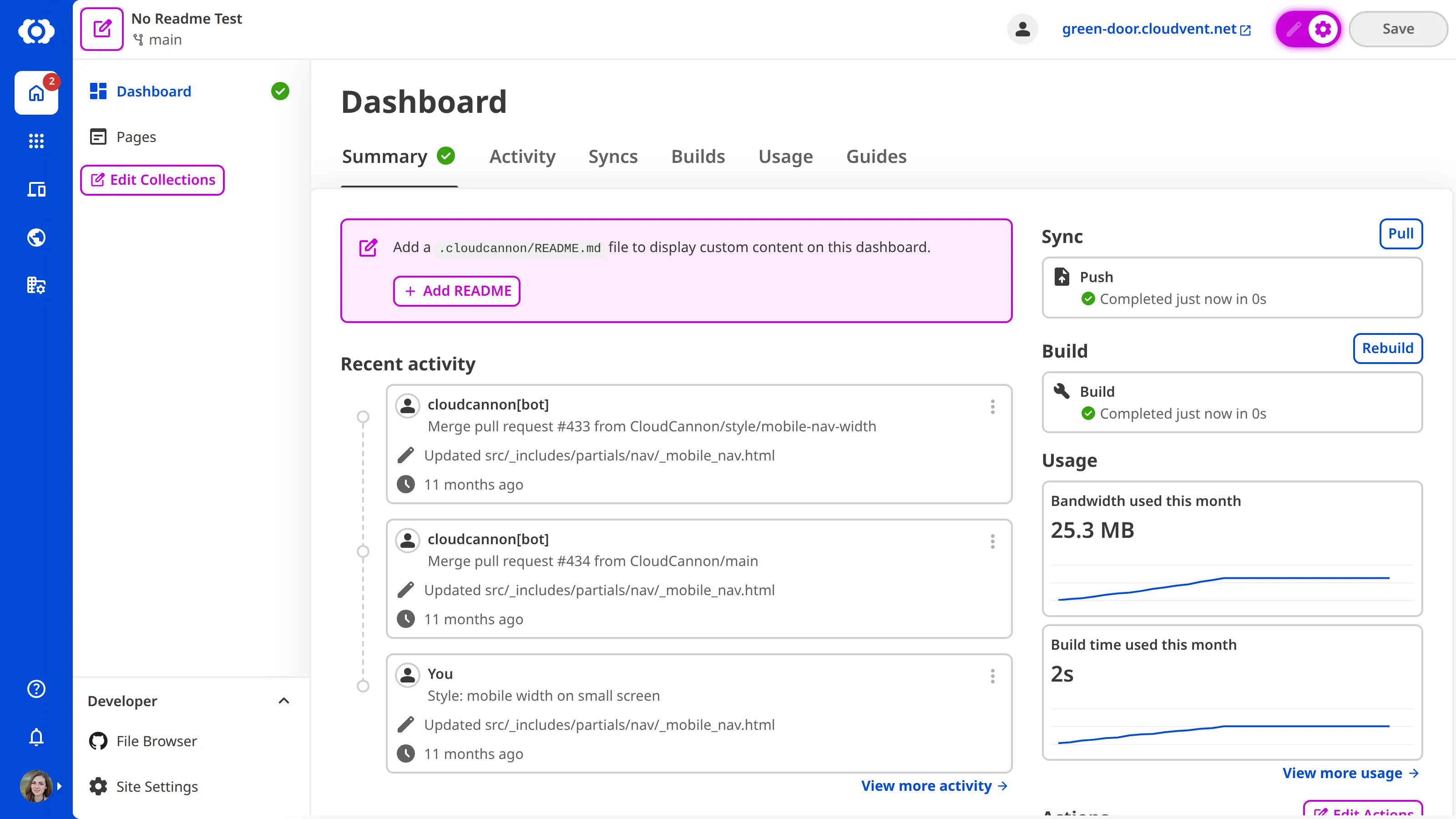 A screenshot of the Site Dashboard with Configuration Mode on shows a purple + Add README button.