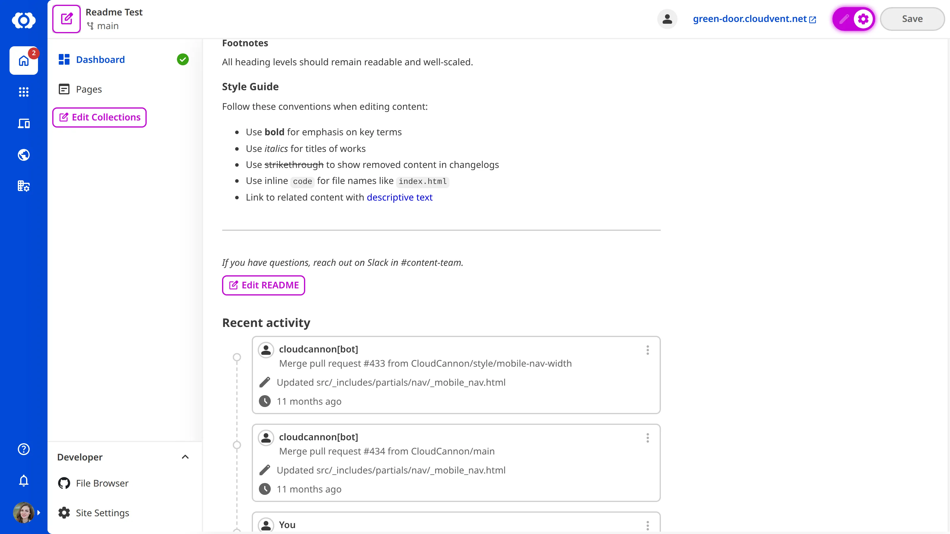 A screenshot of the Site Dashboard with Configuration Mode on shows a purple Edit README button.