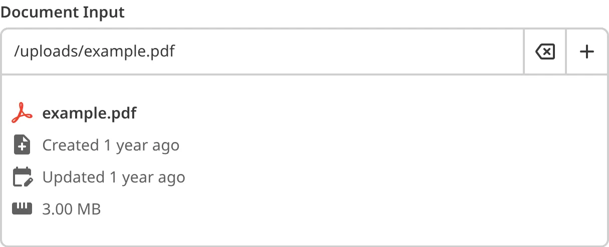 A screenshot of the Document Input in the Data Editor shows the preview and metadata for the selected PDF file.