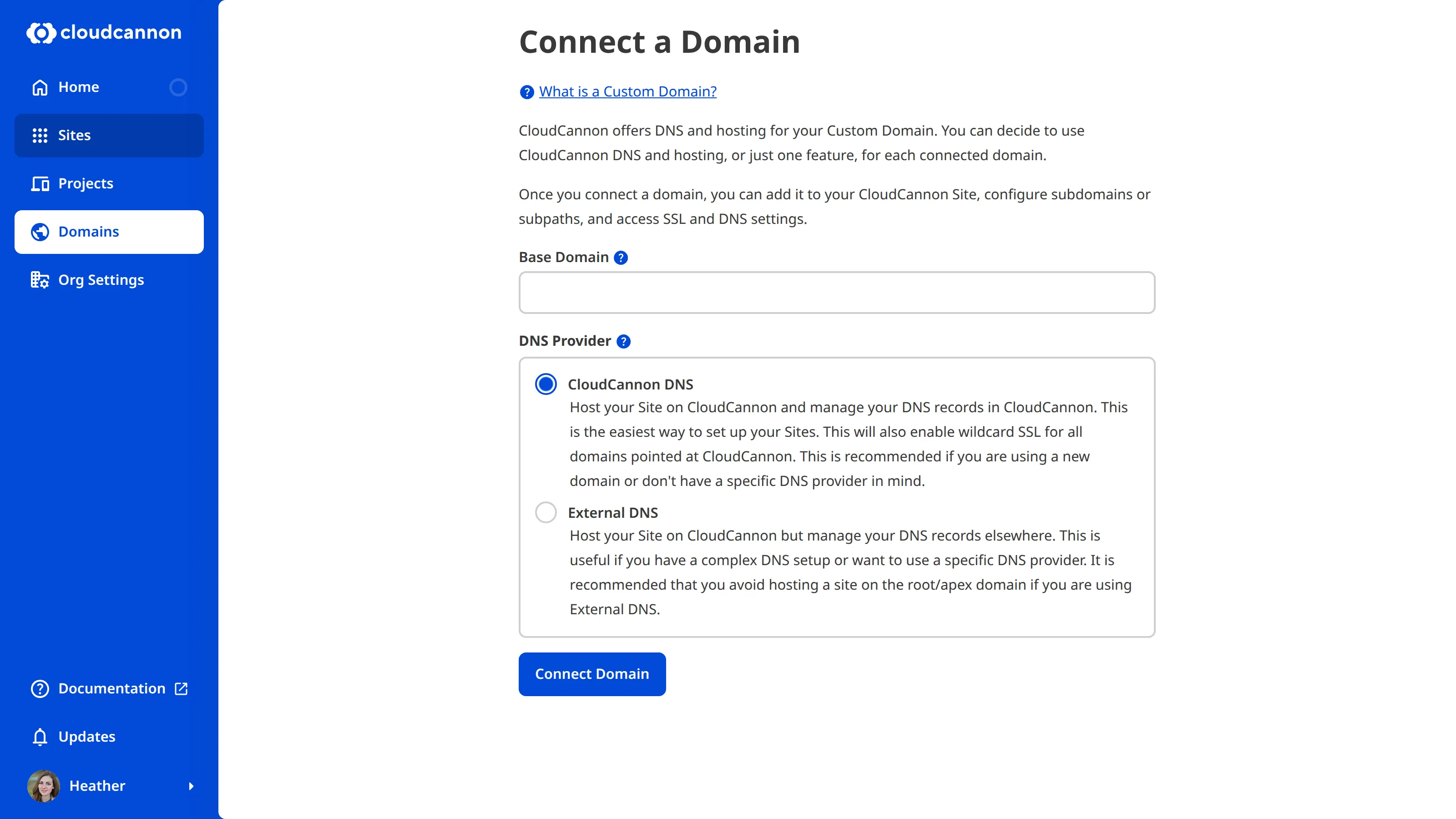 A screenshot of the Connect your first Domain page.