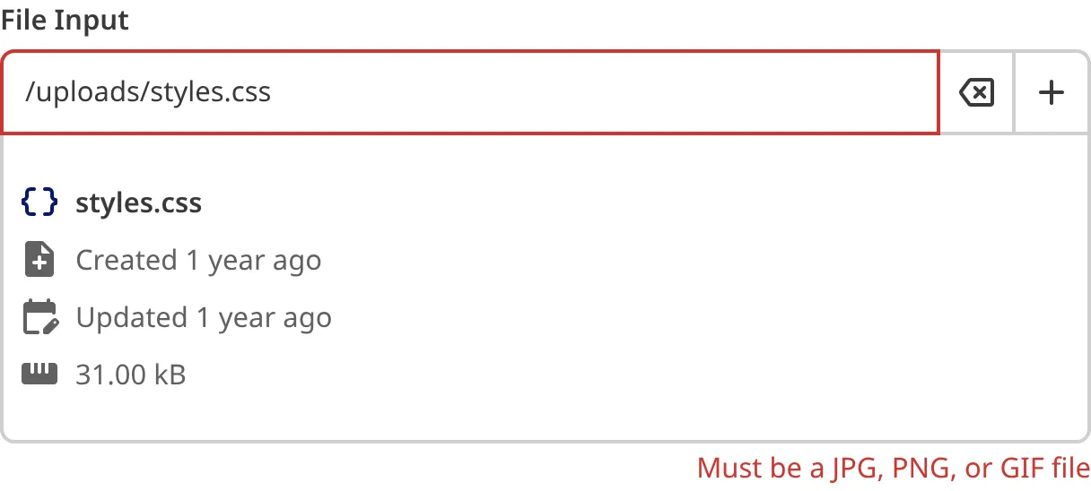 A screenshot of the File Input in the Data Editor shows an error message as the value does not match the configured pattern.