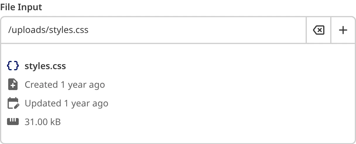 A screenshot of the File Input in the Data Editor shows the preview and metadata for the selected CSS file.