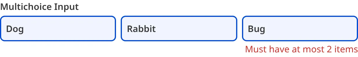 A screenshot of the Multichoice Input in the Data Editor shows an error message as the value contains too many items.