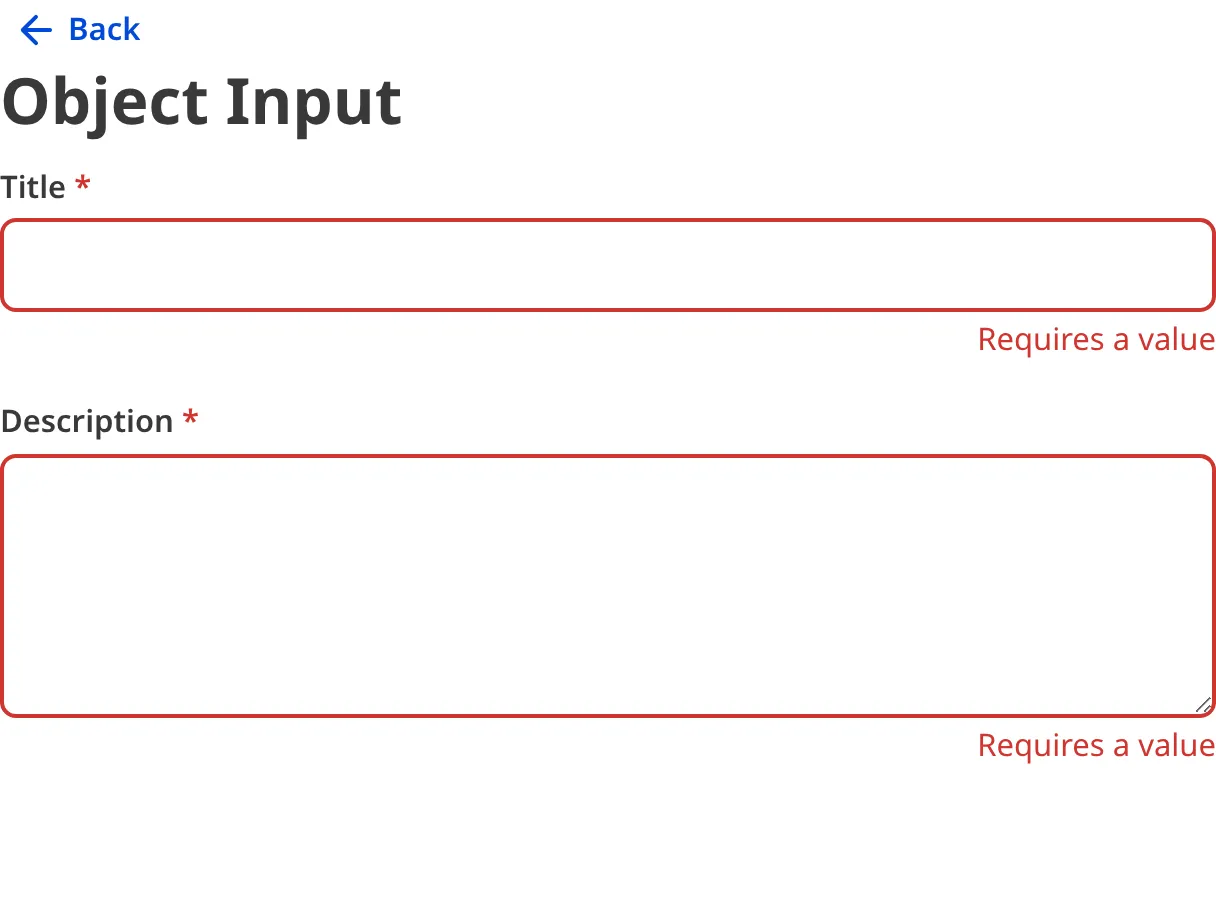 A screenshot of the invalid nested inputs within an Object input in the Data Editor.