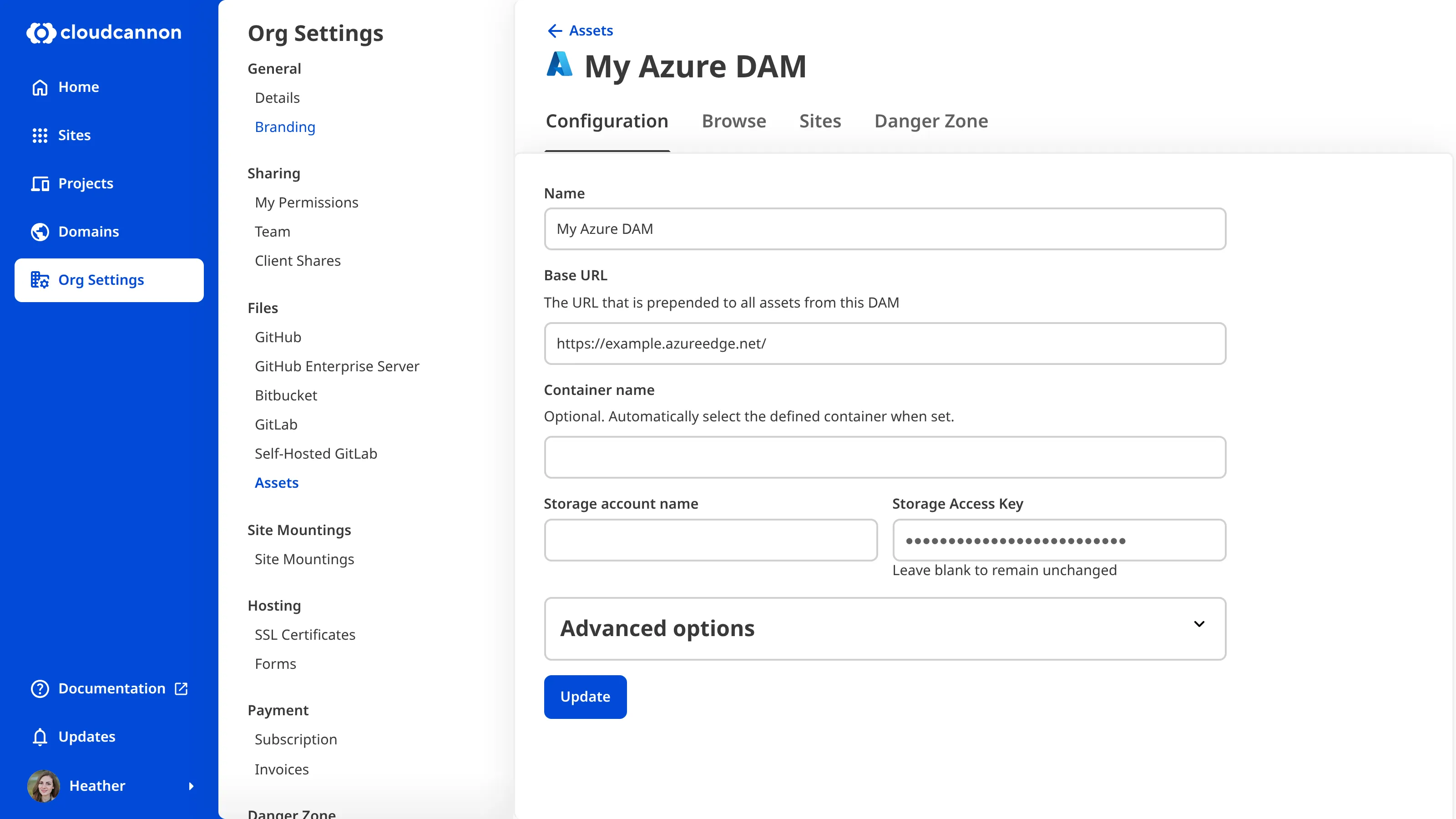 The Configuration tab of an Azure DAM shows fields for Name, Base URL, Container name, Storage account name, Storage Access Key, and advanced options.