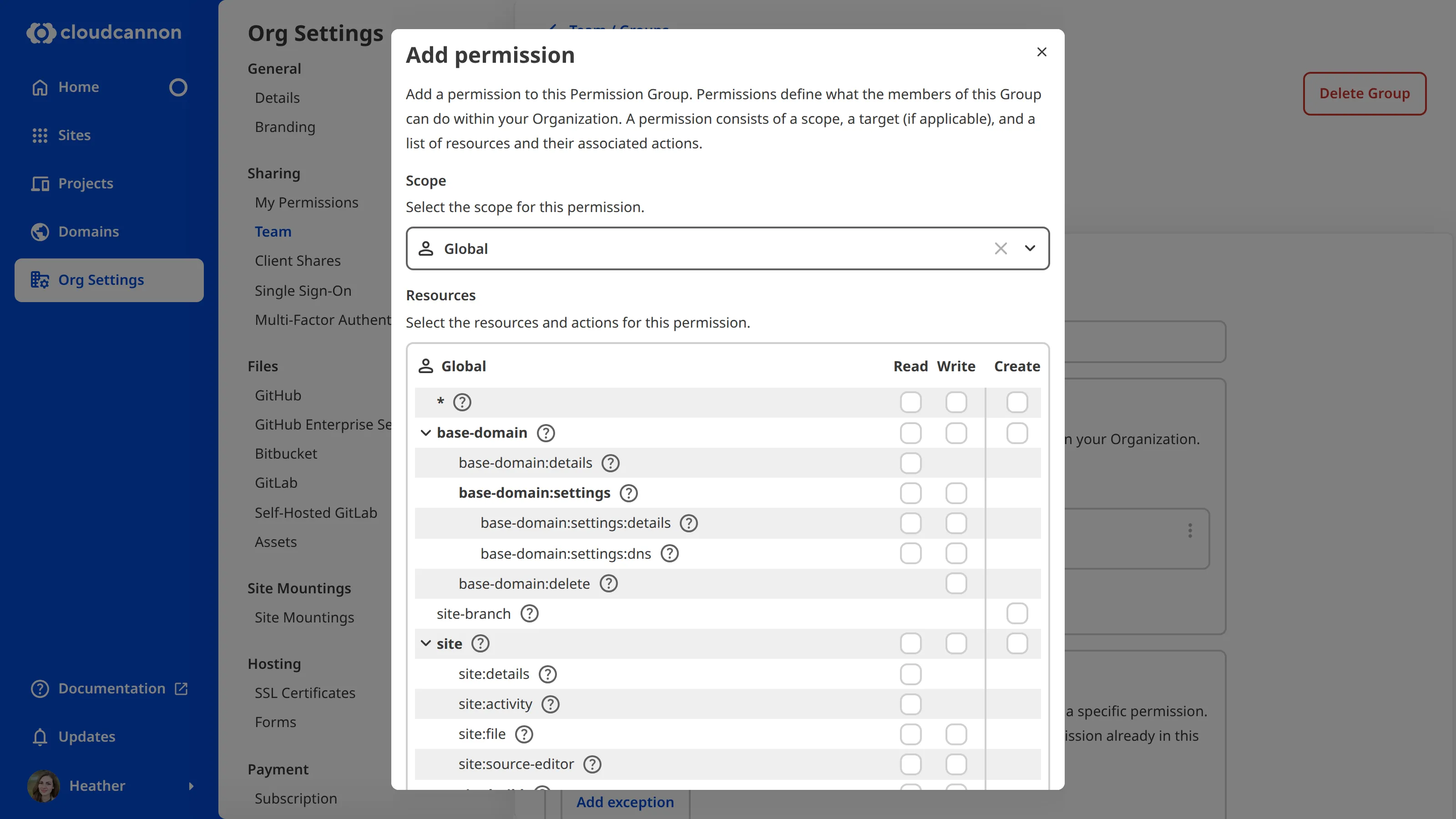 A screenshot of the Add Permission modal shows the option to select resources and scope for a Custom Permission Group.